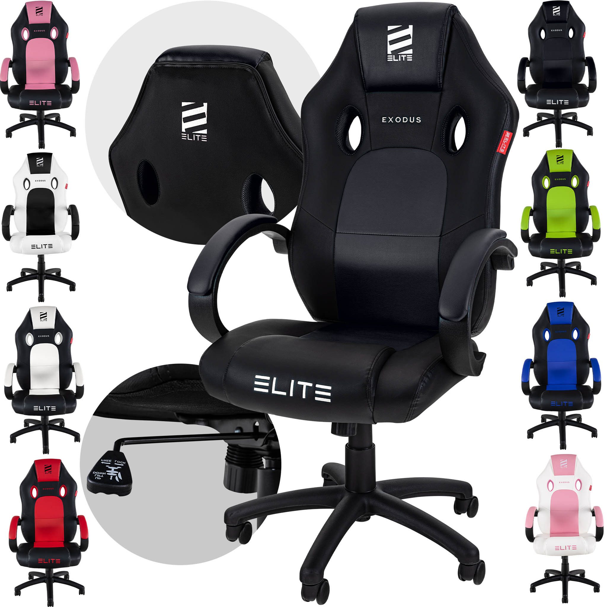 ELITE Gaming Gaming-Stuhl Exodus Gaming Stuhl inkl. XXL Sitzfläche bis 150 kg belastbar (ergonomischer Gamingstuhl mit Höhenverstellung, Schreibtischstuhl, ergonomischer Bürostuhl, Computerstuhl, Gaming Chair, 1 St), verstellbare Sitzhöhe