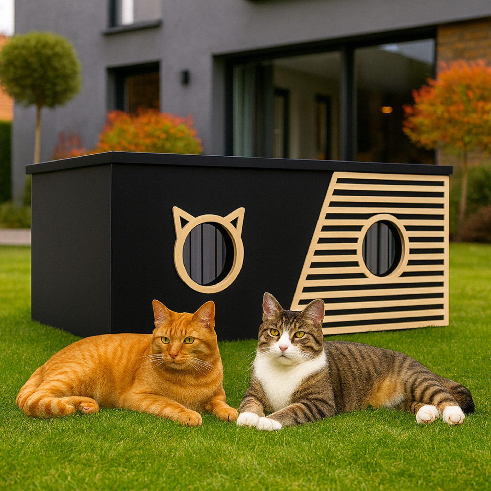 QLS Katzenhaus Outdoor XXL 85x45x37,5 cm mit Vorhang, Schutz, Wärme und Komfort – das ganze Jahr über