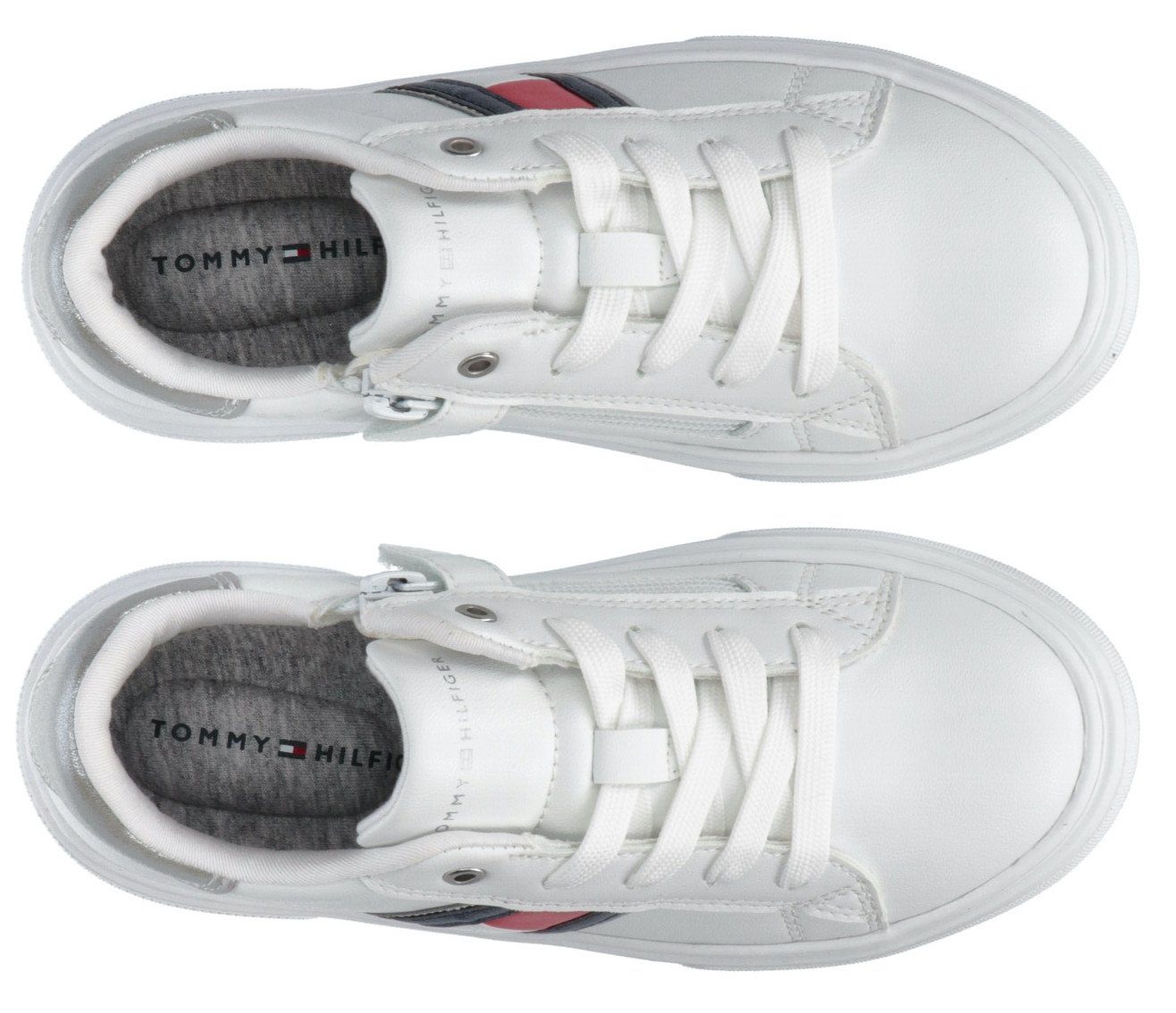 mit Tommy Hilfiger Sneaker weiß-silberfarben LACE-UP FLAG LOW CUT Reißverschluss SNEAKER