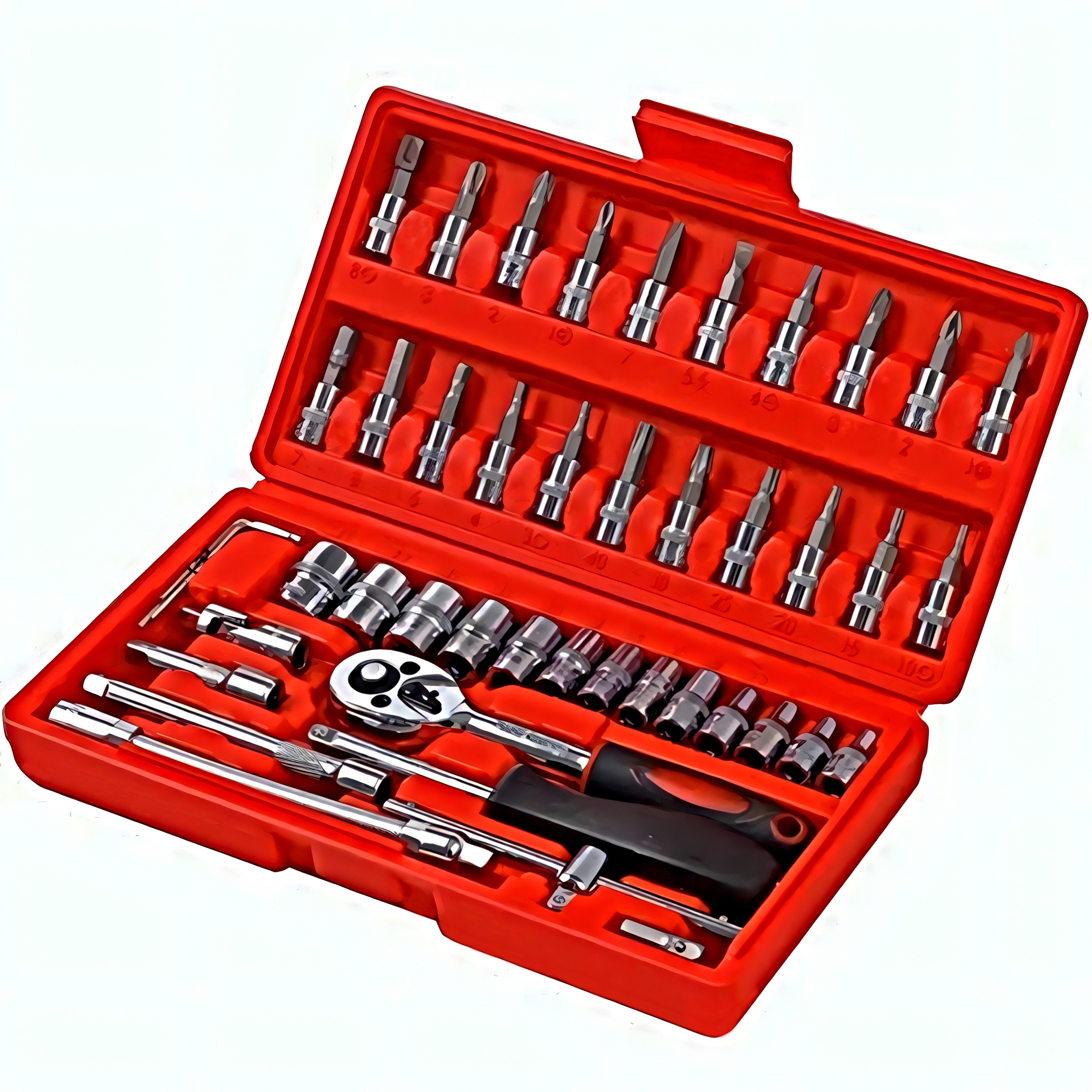 Werkzeugset 46-teiliges Knarrenkasten-Set mit Knarre und Steckschlüsselsatz 1/4“