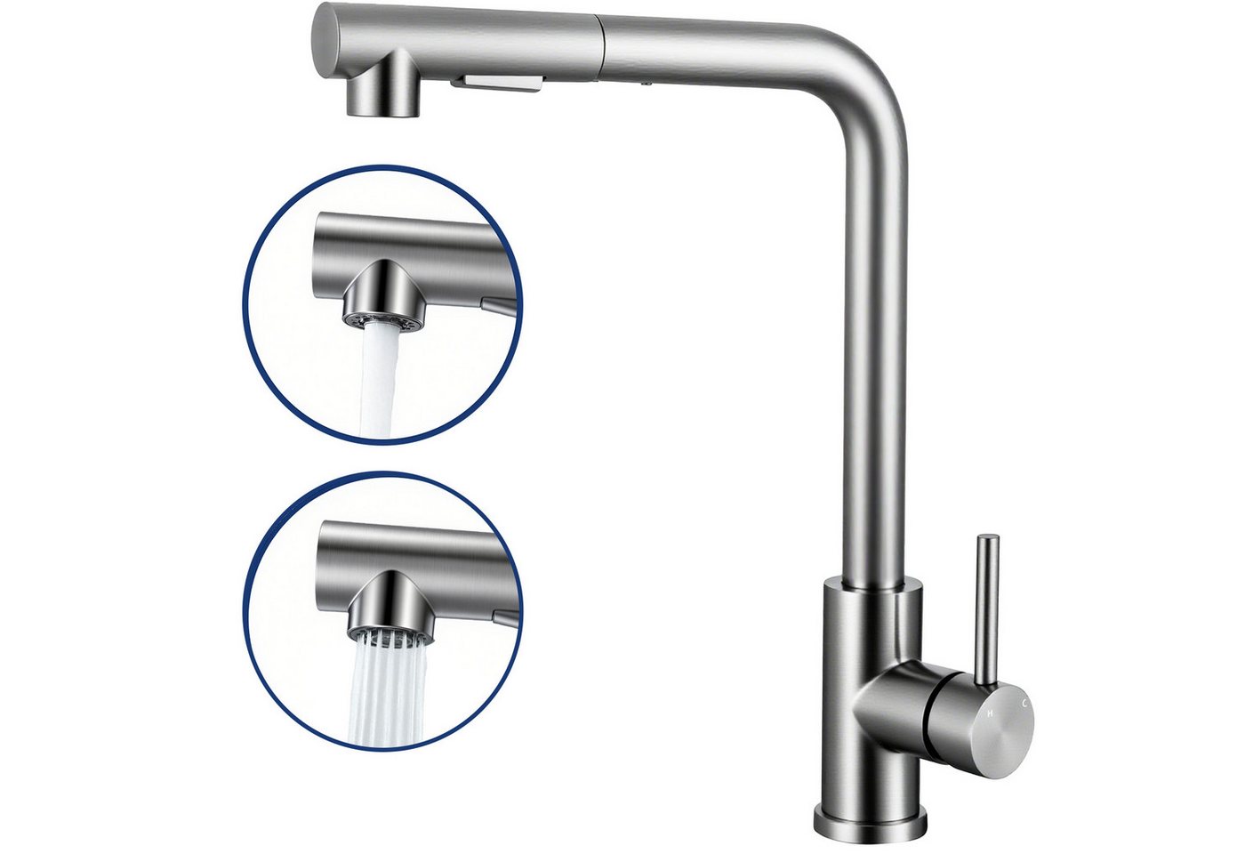 AICA Küchenarmatur Wasserhahn Küche mit Einhand, ausziehbarer Brause für 2 Strahlarten Spültischarmatur mit Einhand & 360° Schwenkfunktion als Hochdruckhahn