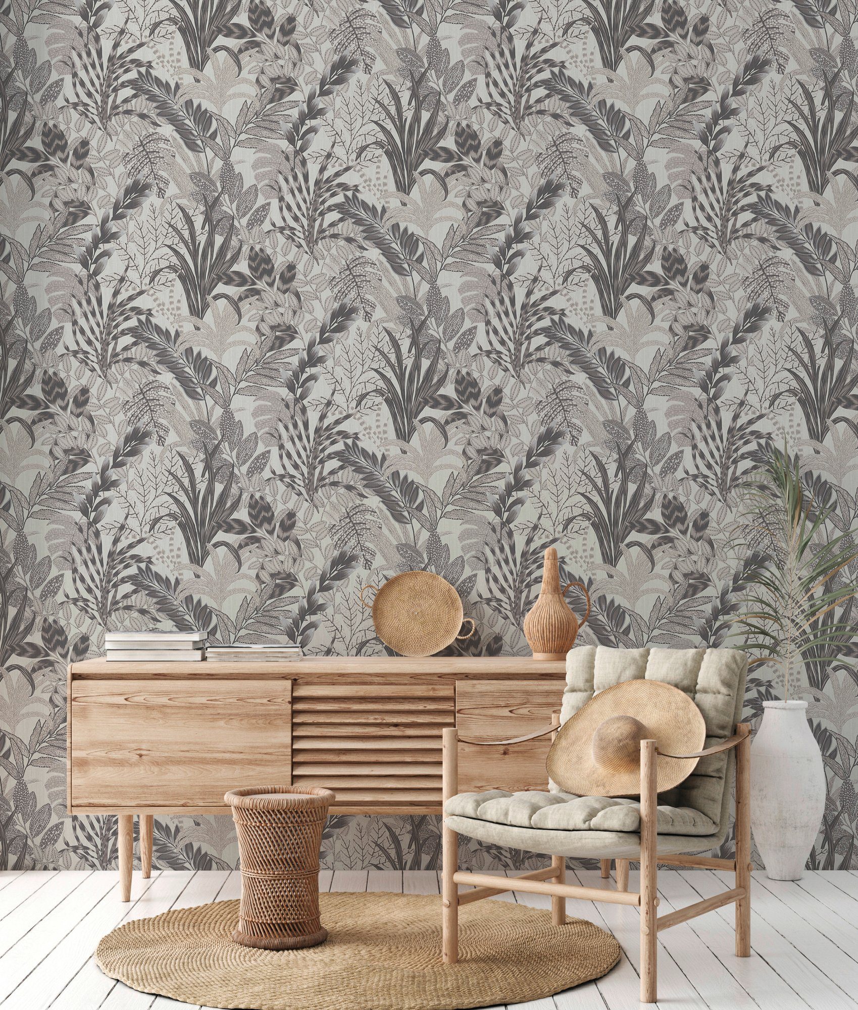 Bricoflor Palmenblätter Tapete Hellgrau Tropical Vliestapete Modern Ideal f günstig online kaufen