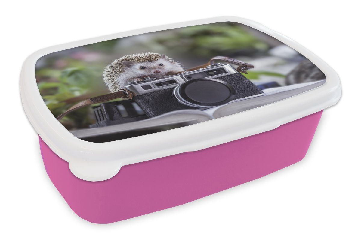 MuchoWow Lunchbox Igel auf Kunststoff Kunststoff, einer Brotdose Brotbox Snackbox, Erwachsene, Kinder, rosa Mädchen, für (2-tlg), Kamera