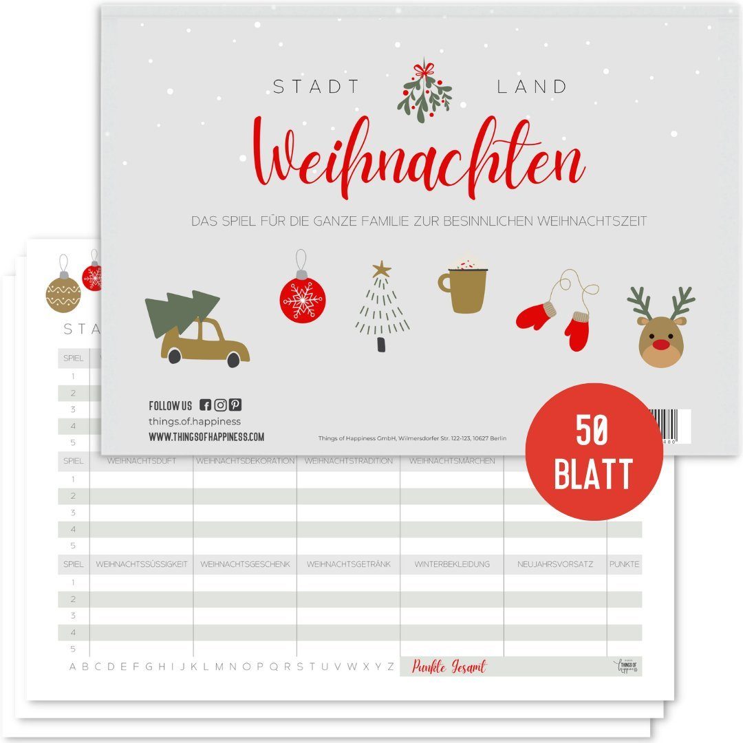 Things of Happiness Spiel Stadt, Land, Fluss, Weihnachten, Weihnachtsquiz, Spiel Kinder Weihnachten, DIN A4 Block 50 Blatt