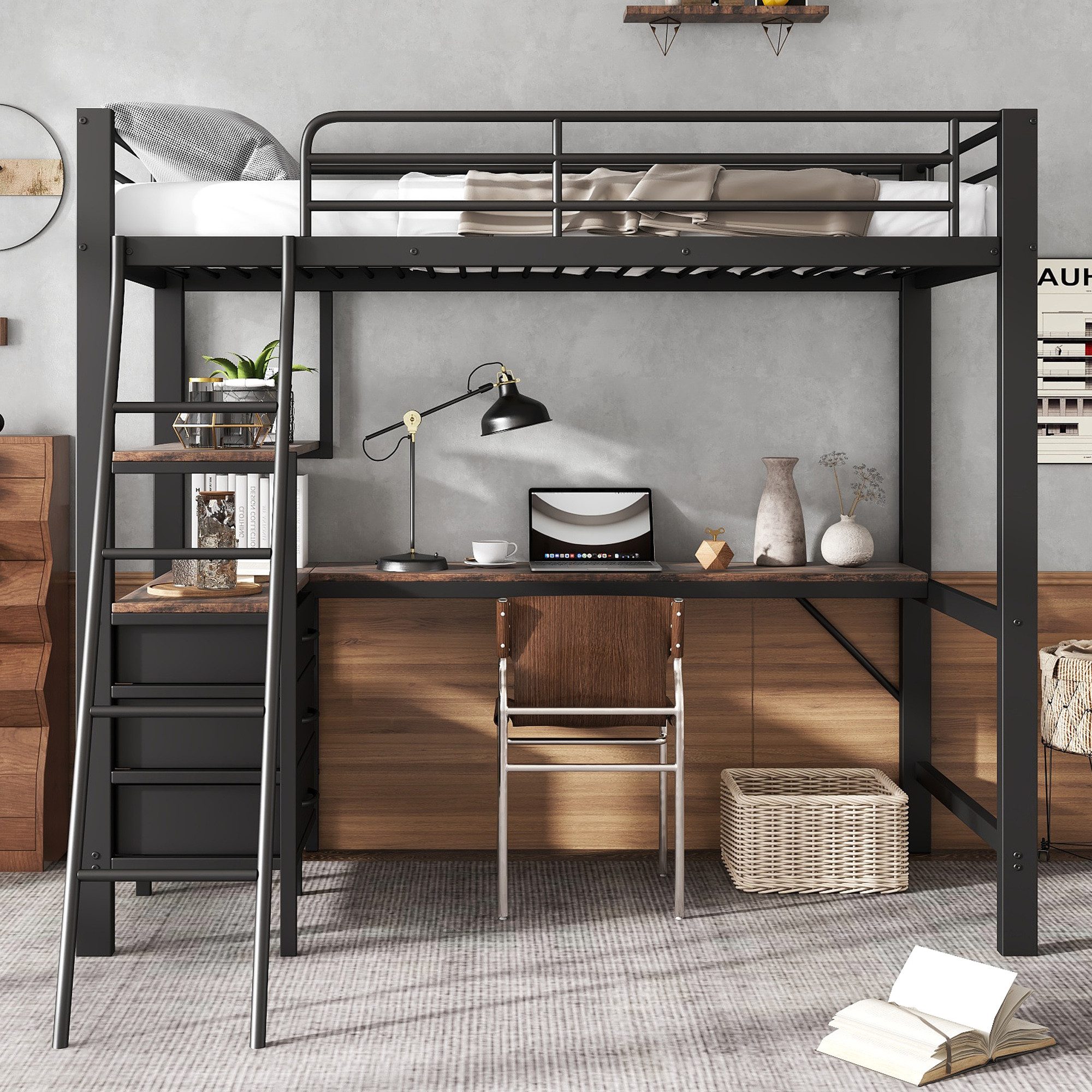 Flieks Hochbett Metallbett Kinderbett 90x200cm mit Tisch, Regal und Schubla günstig online kaufen