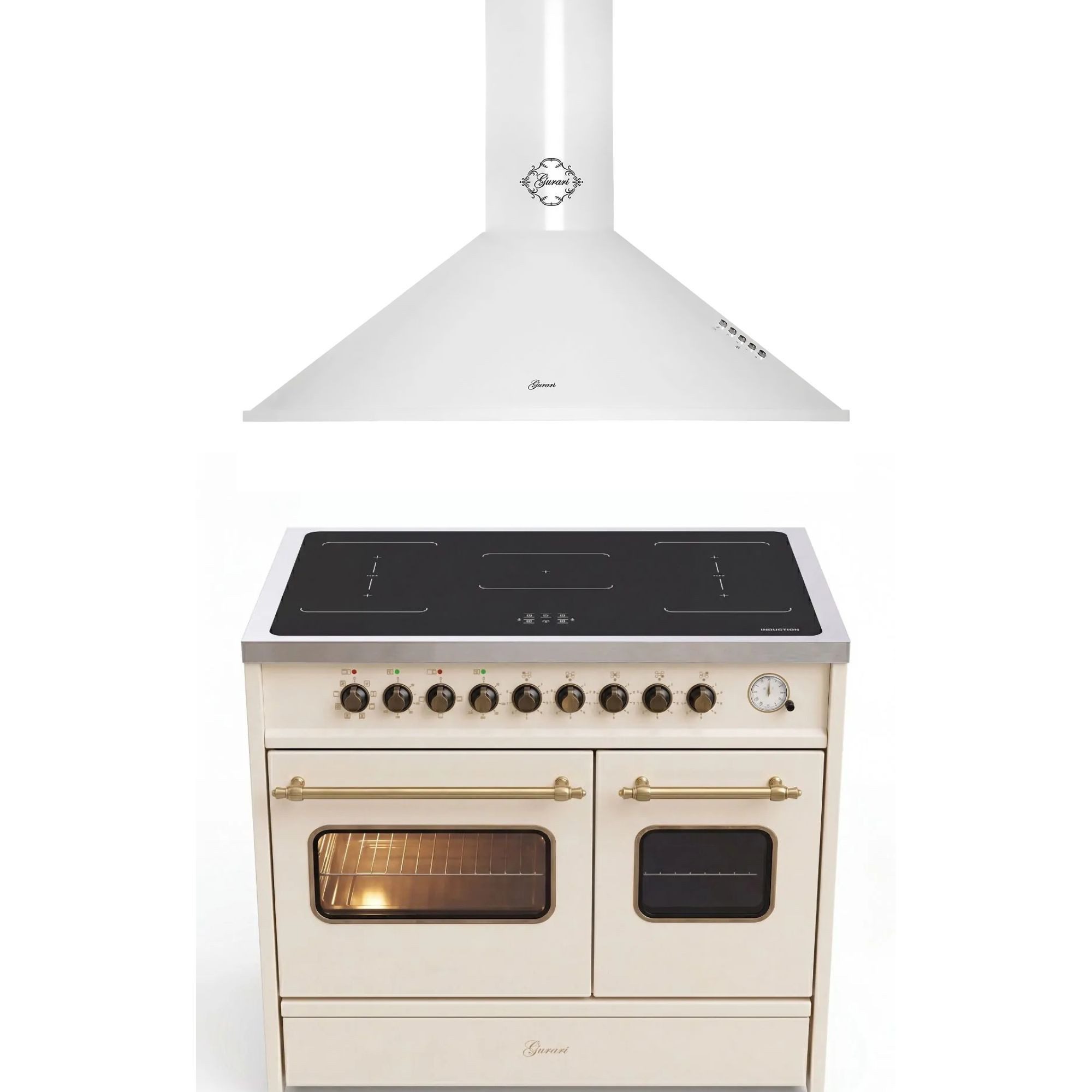 GURARI Induktions Herd-Set Retro Elektro Standherd 90 cm, Range Coocker mit FLEX Induktion und 2 Backofen+Dunstabzugshaube 90 cm GCH E 913 DF CR+GCH C 046 WH 9 N, mit 1-fach-Teleskopauszug
