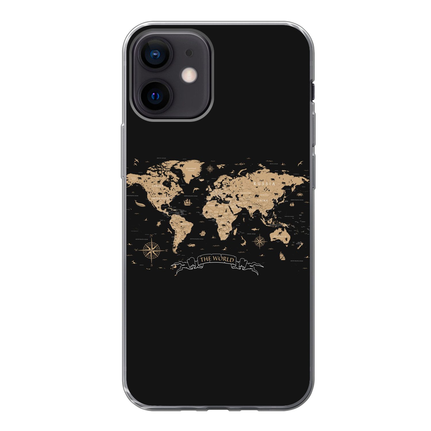 MuchoWow Handyhülle für Apple iPhone 12 Weltkarte - Beige - Schwarz, Smartphone-Bumper, Print, Handy Schutzhülle Dünn