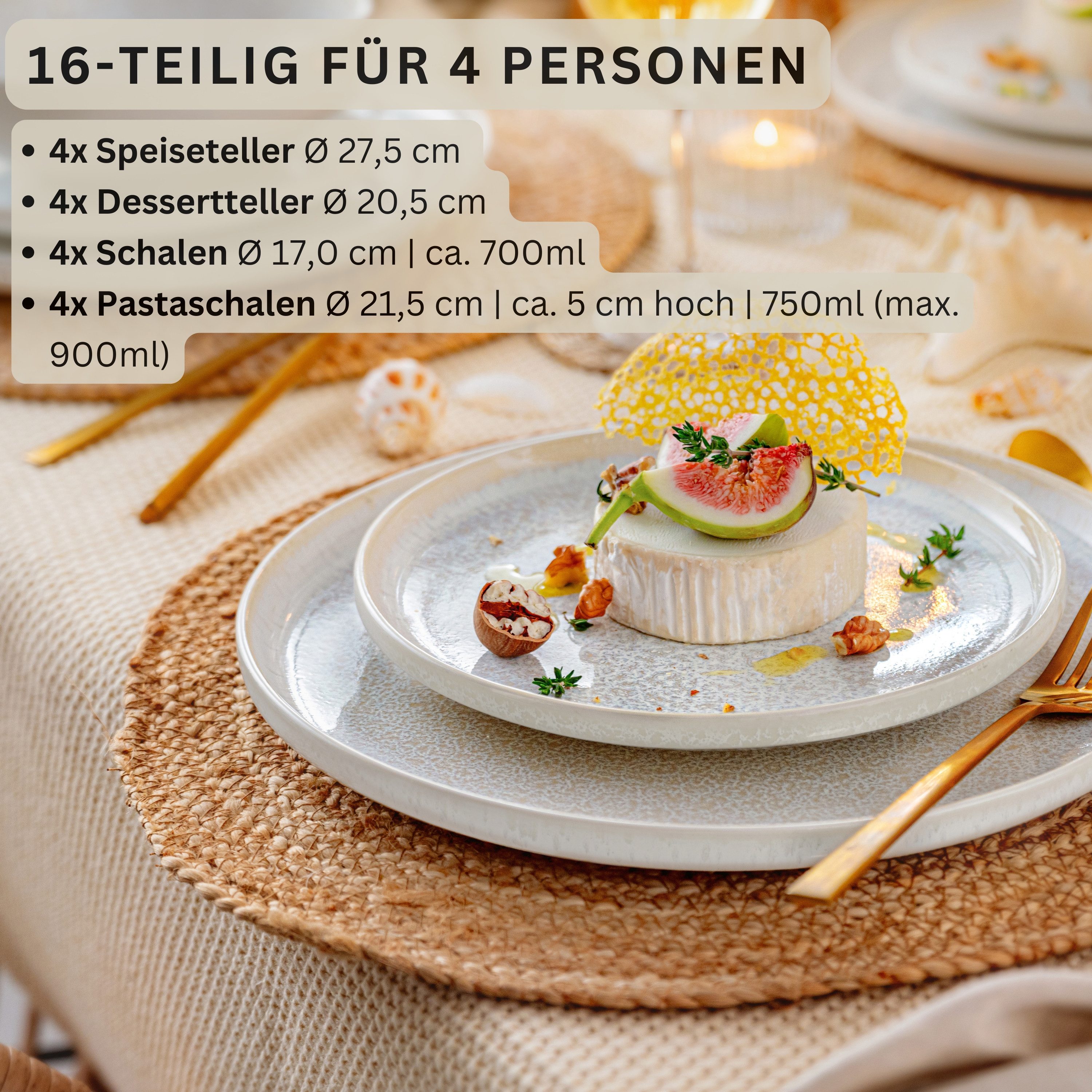 SÄNGER Geschirr-Set Korfu Geschirrset (12, 16, 24, 36 Teile) (16-tlg), 4 Personen, Steingut, Tafelserviceservice, Creme Beige, Handmade, Premium Collection