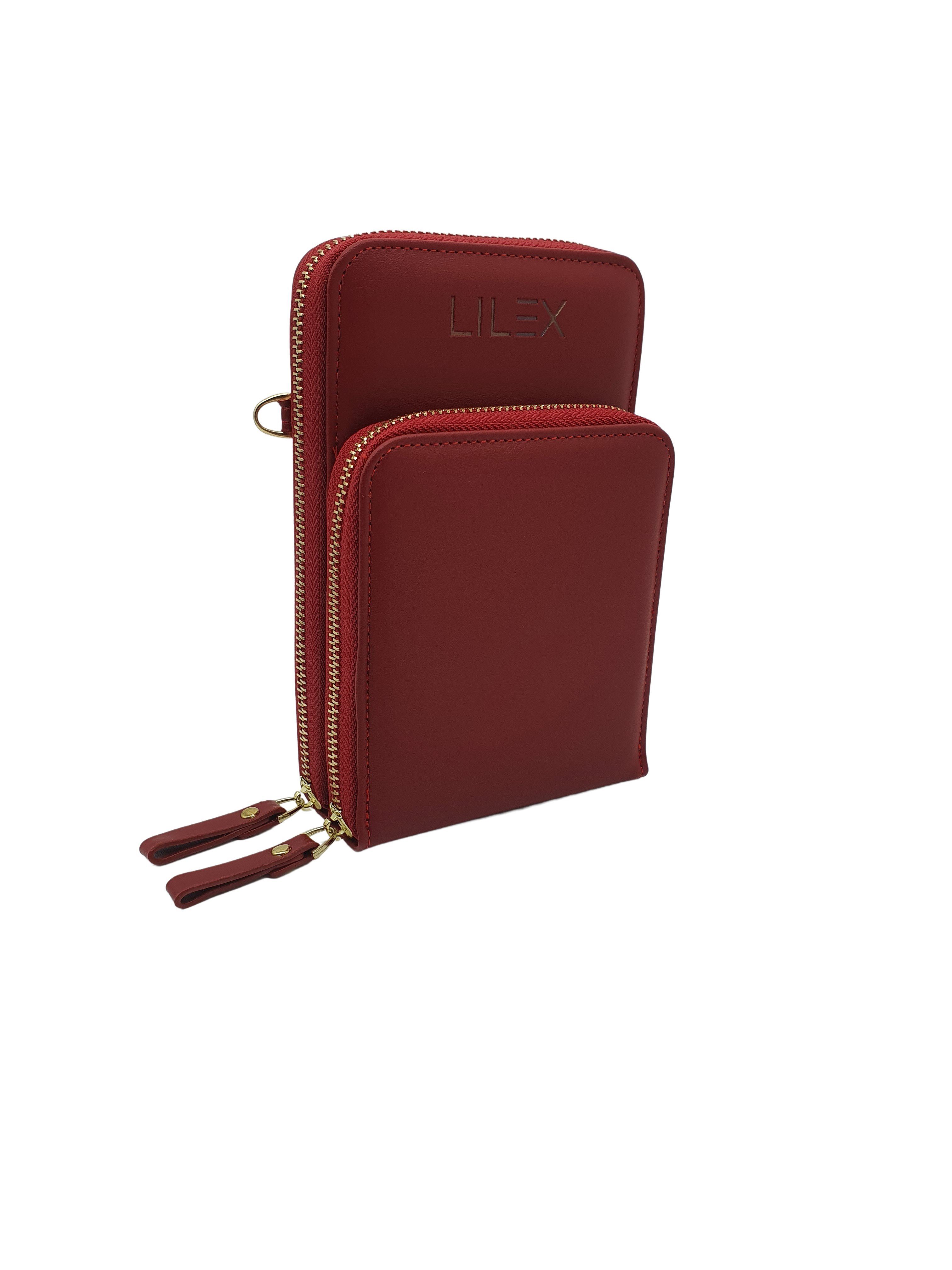 Lilex Umhängetasche Mini Tasche zum Umhängen aus Leder, große Brieftasche, Geldbörse mit Kartenfächern, verstellbaren Schulterriemen, auch für Impfpässe und Schutzmasken, enthält abnehmbaren Schultergurt Rot