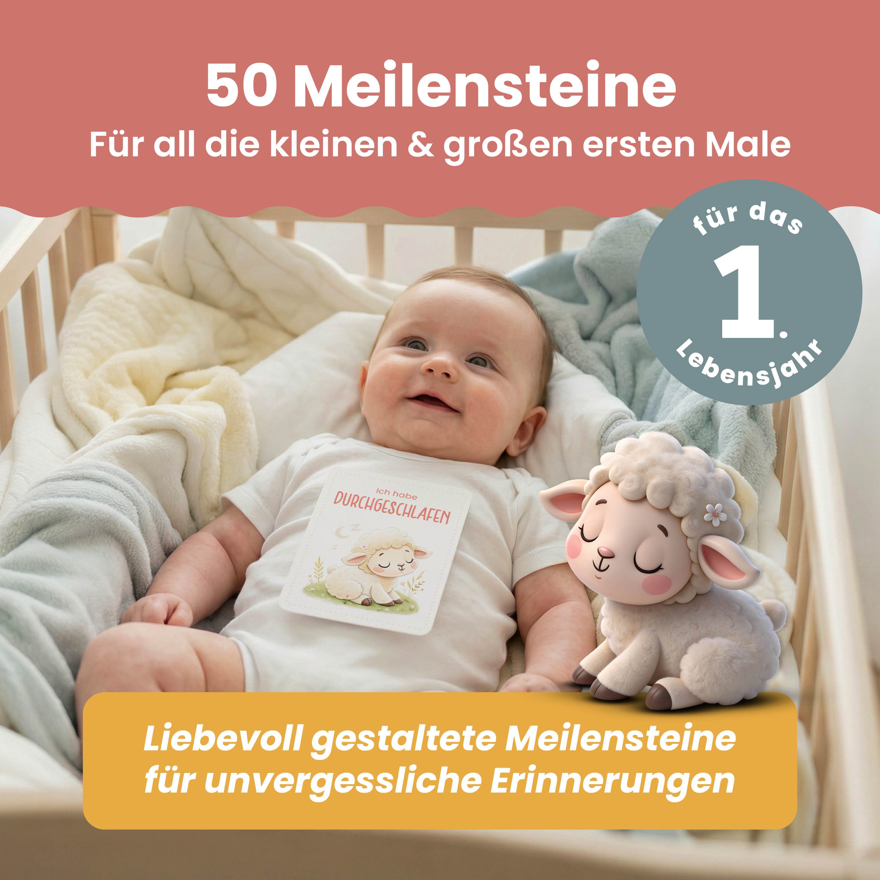 Lilletå Geburtskarte Meilensteinkarten Tiere Baby – 50 Karten Meilensteine im ersten Jahr, Geschenkidee Babyparty - Monatskarten Baby