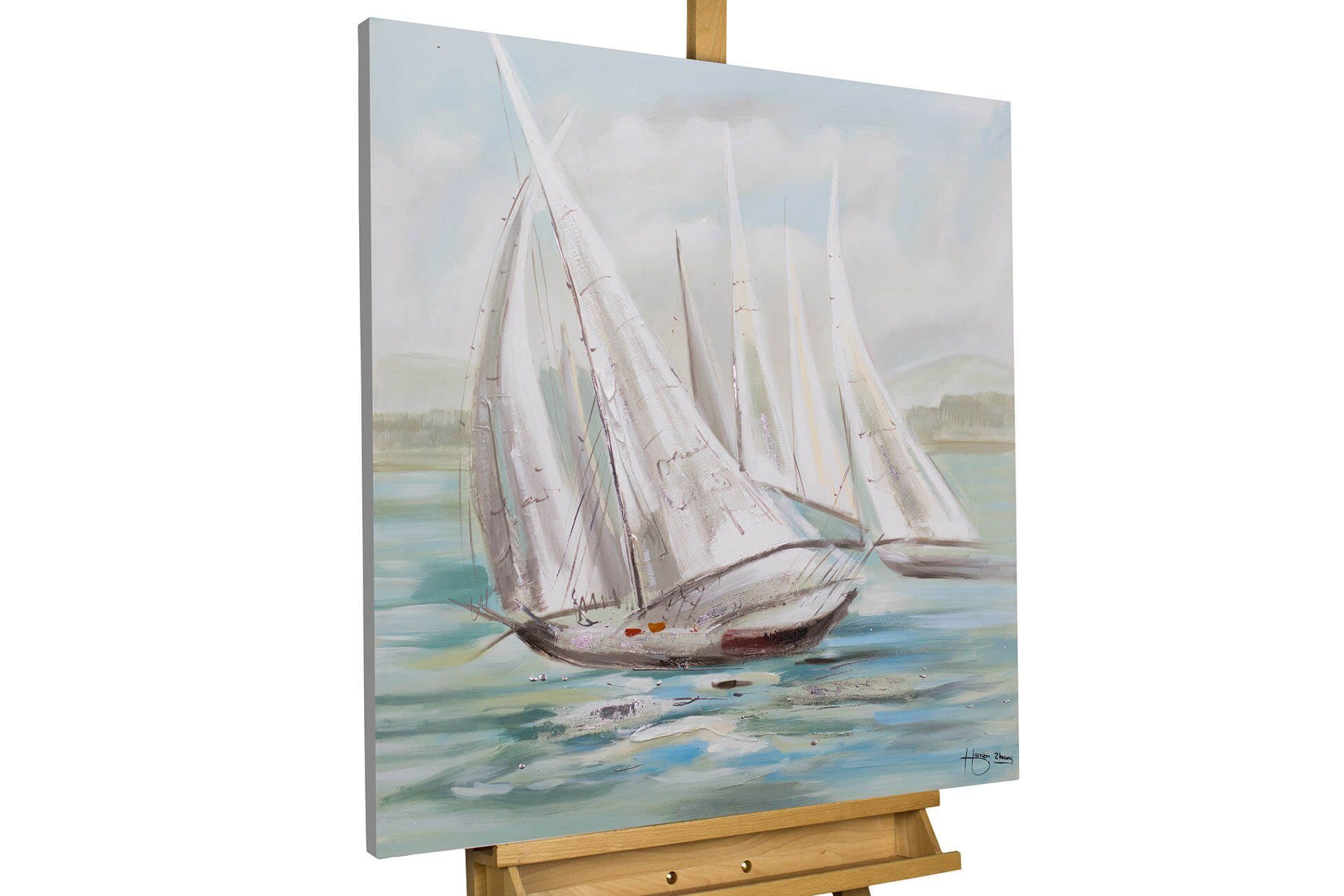 KUNSTLOFT Gemälde Riding the Waves 80x80 cm, Leinwandbild 100% HANDGEMALT Wandbild Wohnzimmer