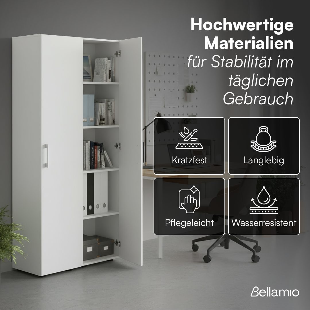 Bellamio Mehrzweckschrank Apol (Weiß) schmaler Aktenschrank mit 2 Türen & 5 Fächern, robust & kratzfest