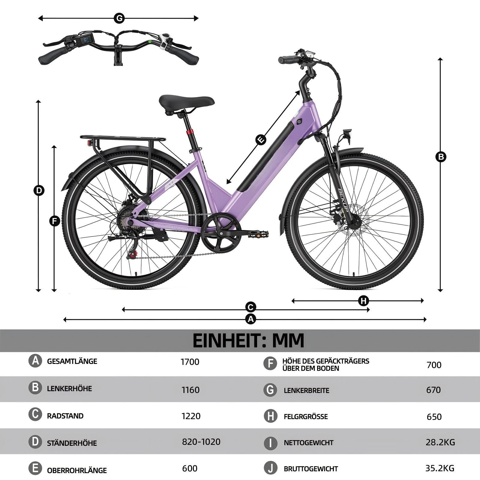PixelPilot E-Bike Cityrad V1 26 Zoll City Elektrofahrrad, 36V 14,5Ah Akku bis 75 km, 7-Gang, 7 Gang, Heckmotor, 522 Wh