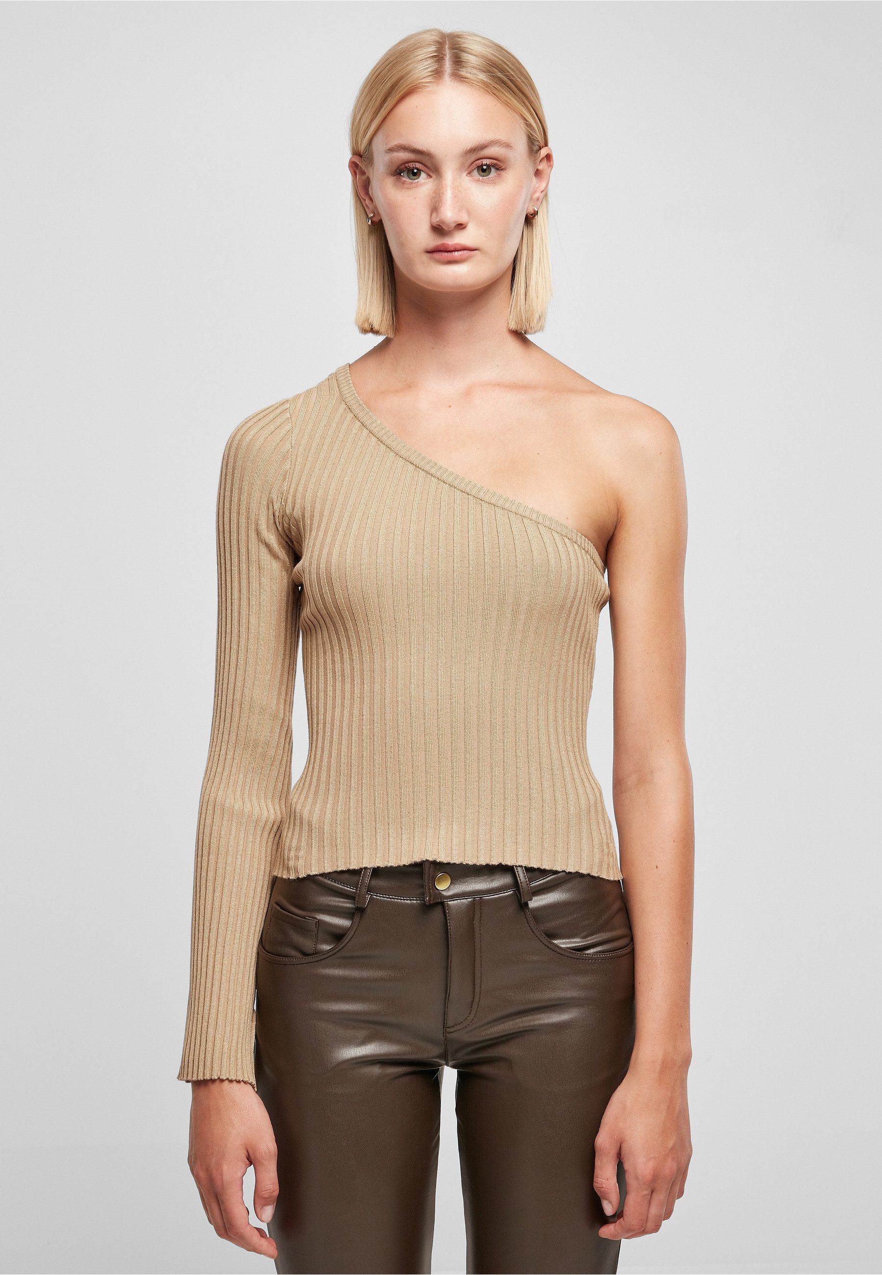 URBAN CLASSICS Rundhalspullover Urban Classics Damen Ladies Short Rib Knit One Sleeve Sweater (1-tlg)