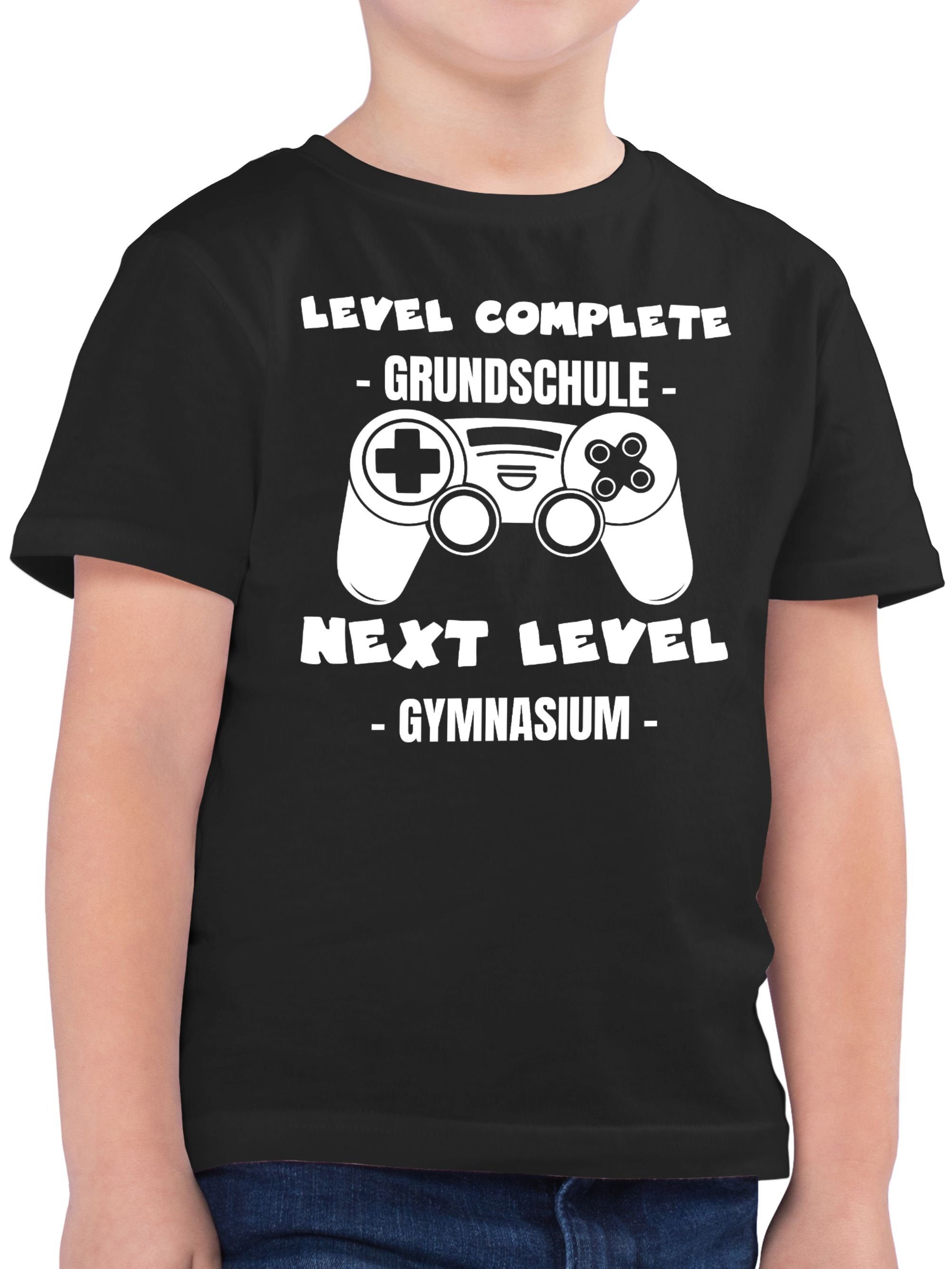 Shirtracer T-Shirt Level complete - next level Gymnasium weiß Einschulung Junge Schulanfang Geschenke 02 Schwarz
