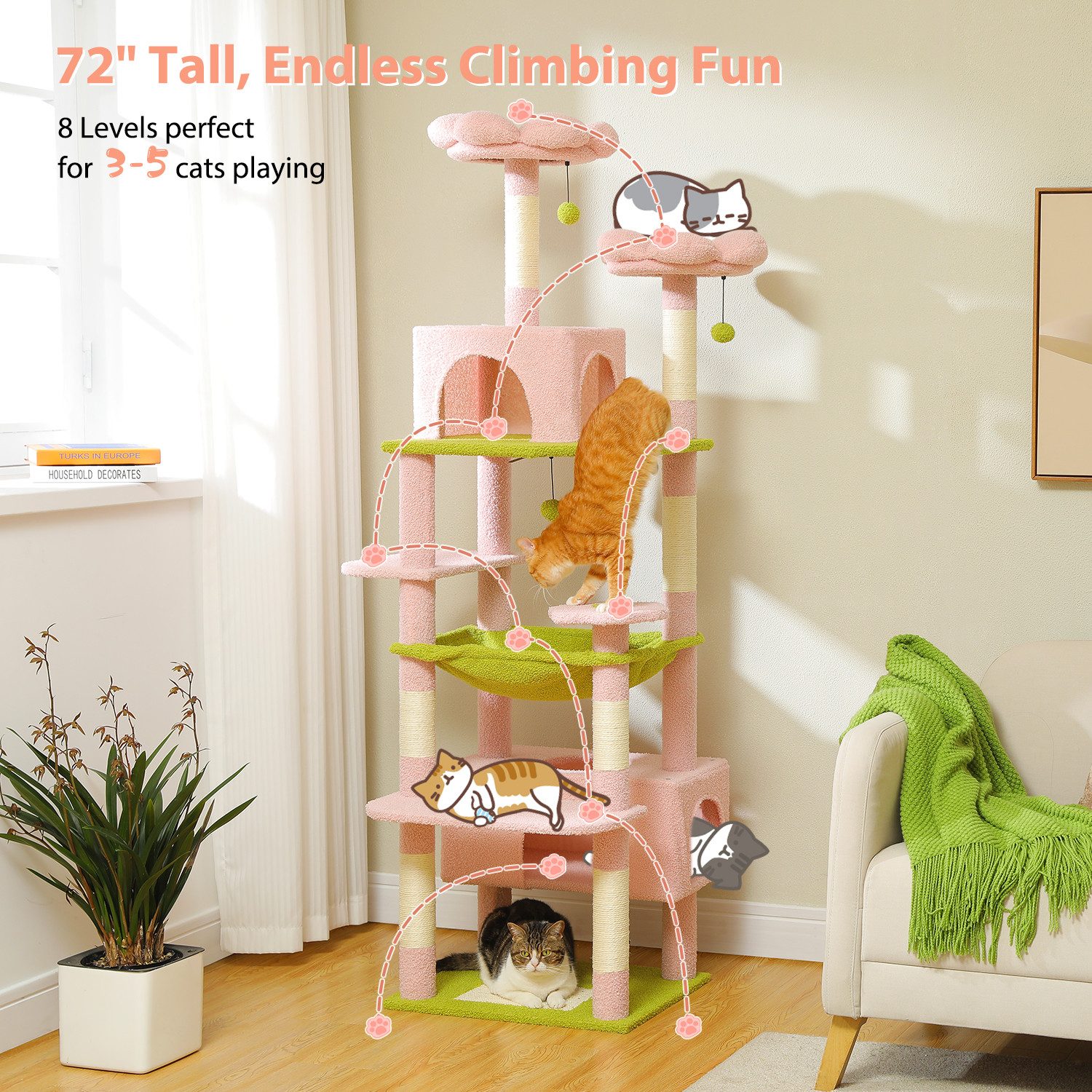 PETEPELA Kratzbaum Großer Kratzbaum, 184 cm großer Katzenturm für große Katzen, Sisal-bezogenen Polstern, 2 Sitzstangen, Doppelhaus und Korb