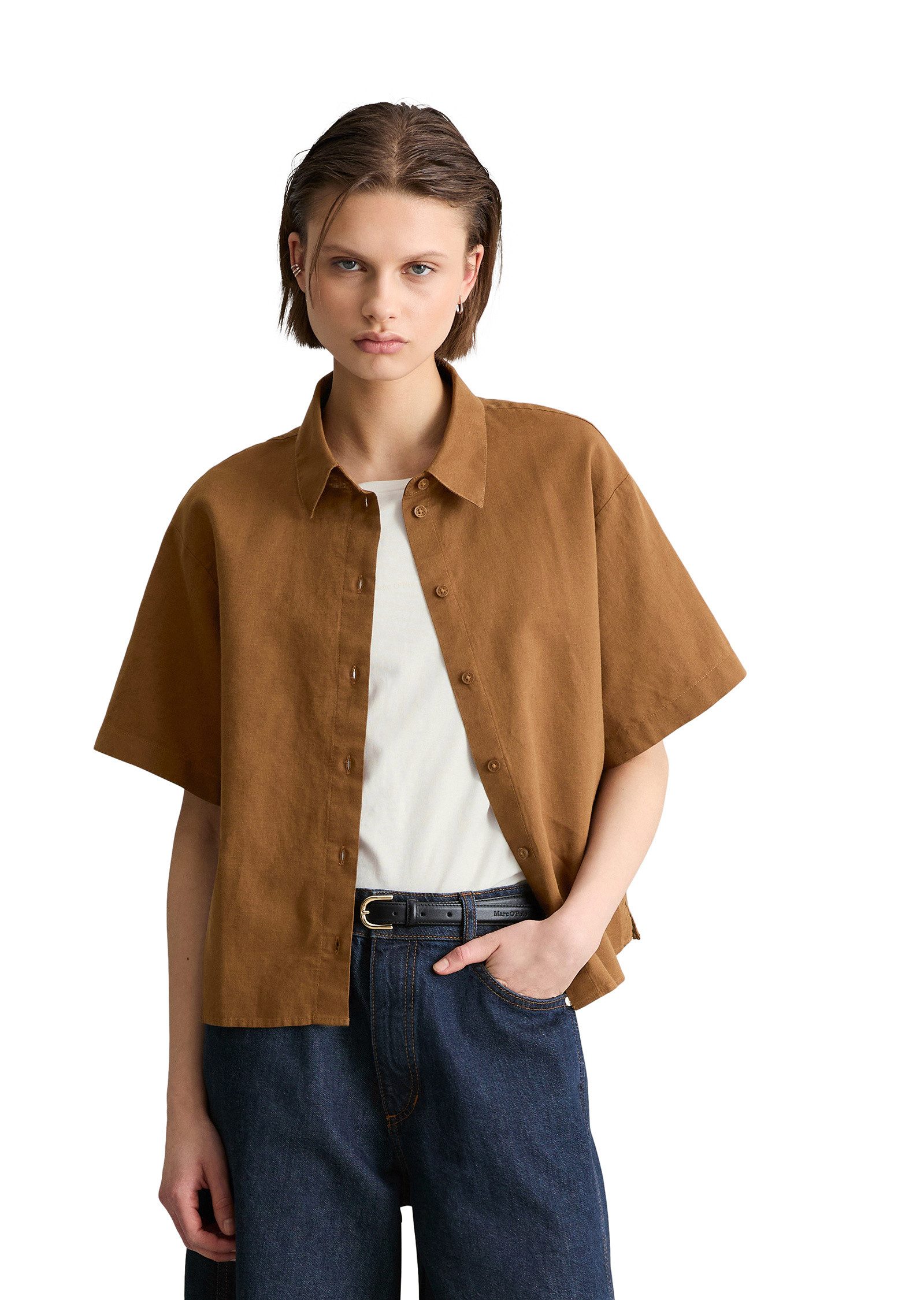 Marc O'Polo DENIM Kurzarmbluse aus Leinen-Baumwolle-Mix