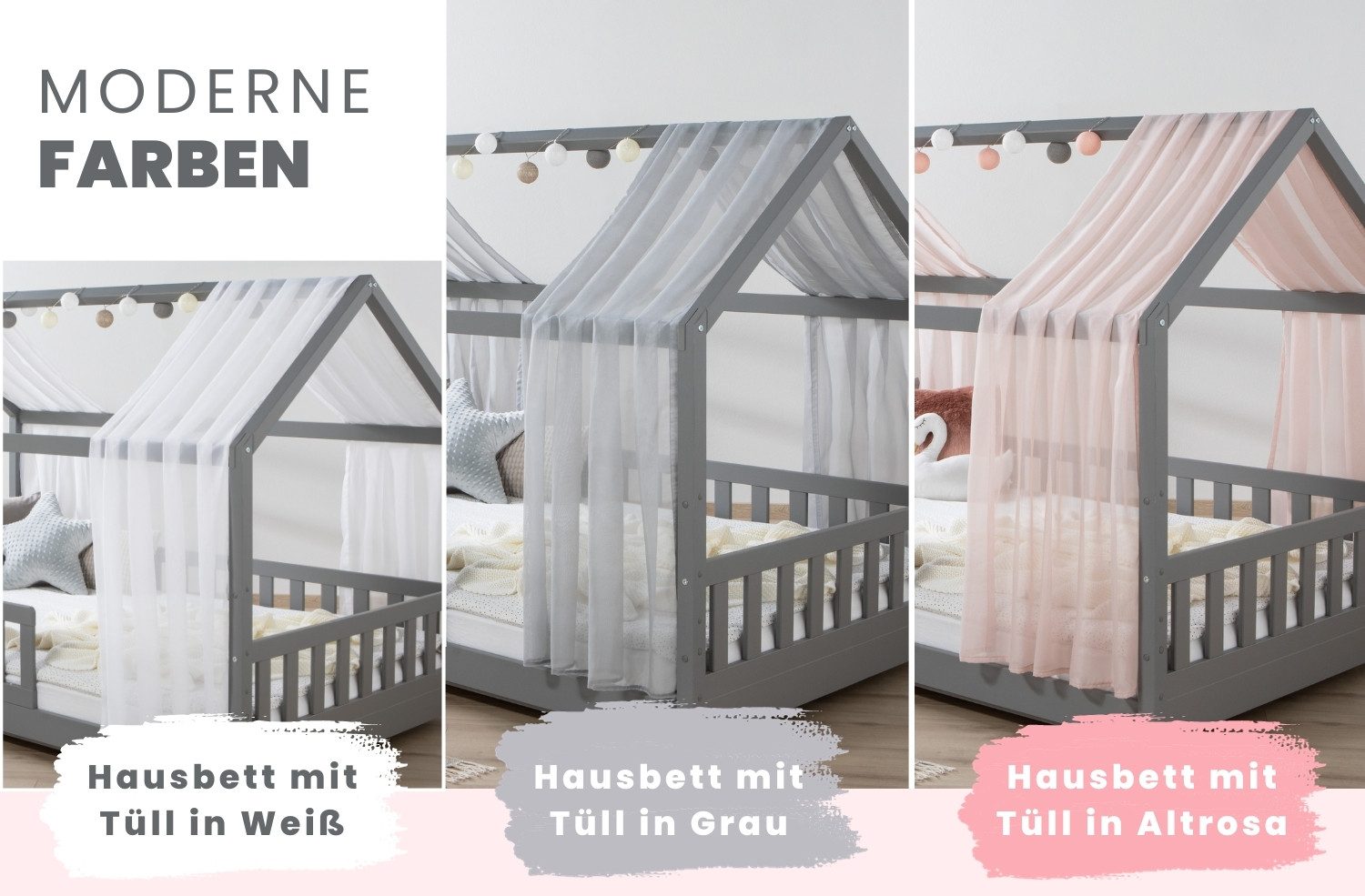 Ticaa Hausbett Kim mit Rausfallschutz aus Kiefer, Kinderbett 100x200, inkl. Tüll-Set, mit Rollrost
