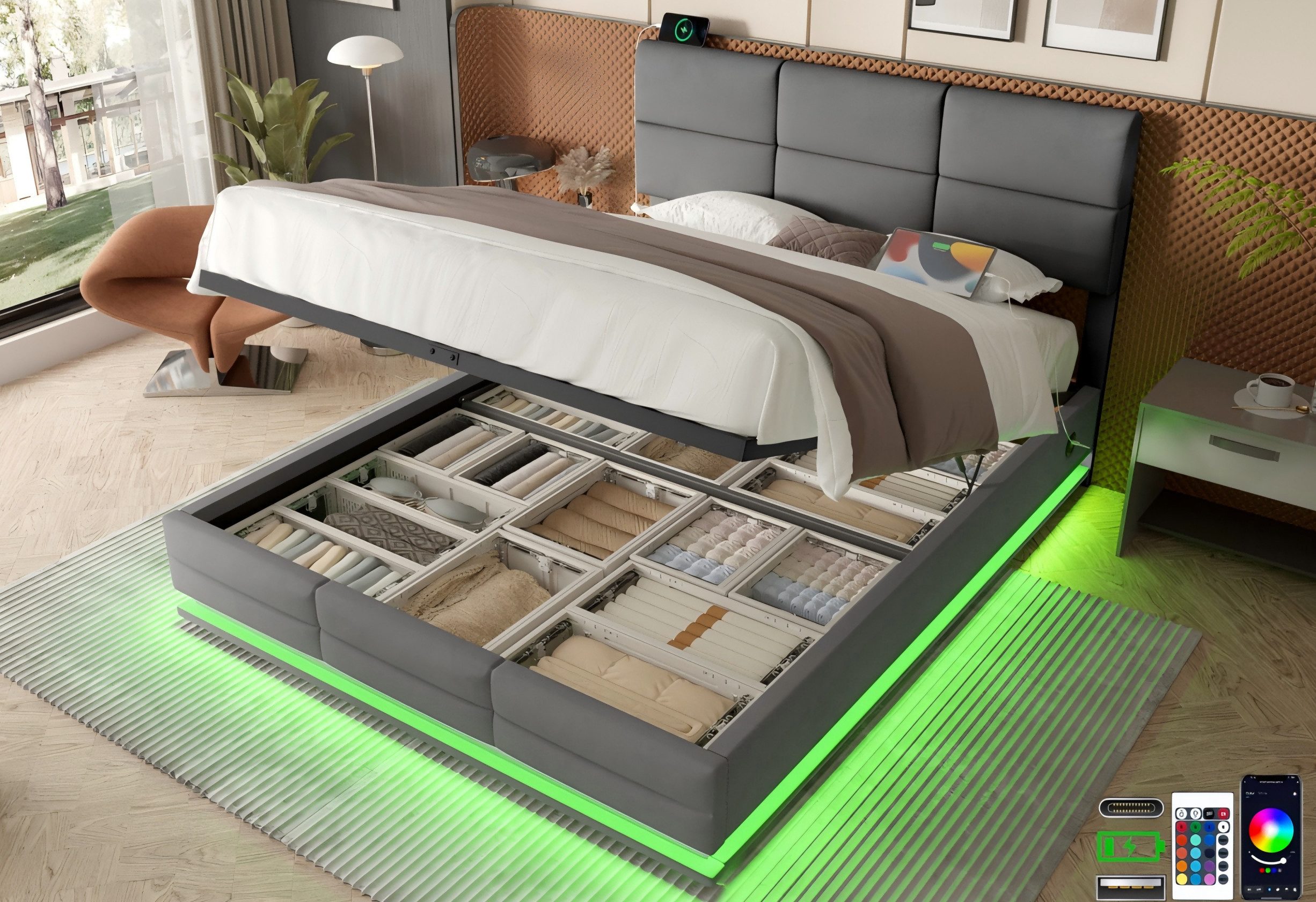 LVHOM Boxbett 90/140/160/180x200 cm mit LED, USB, Typ C-Ladeanschluss, Bett günstig online kaufen