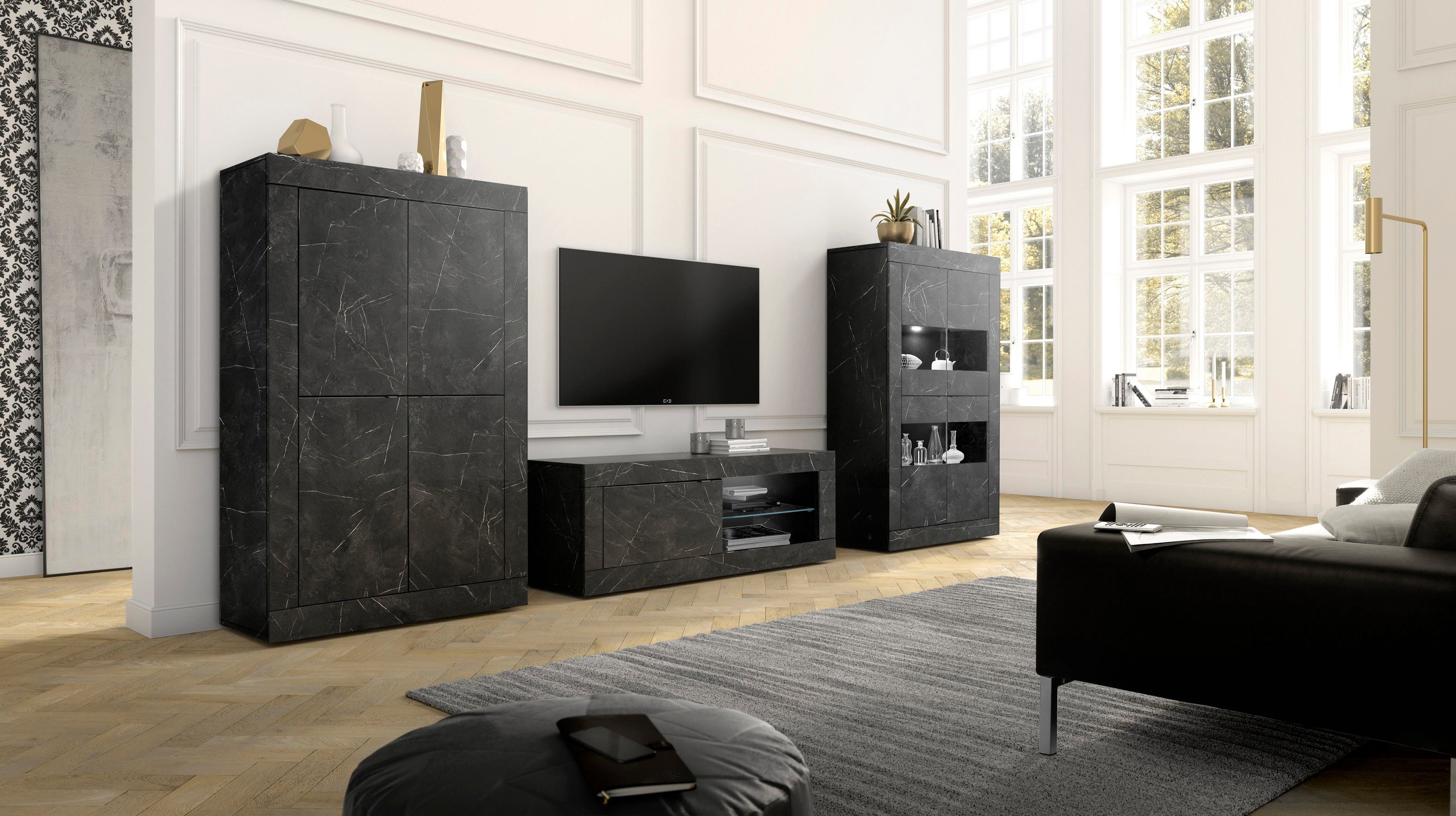 Home affaire Lowboard Basic Breite 140 cm, TV-Board 1 Tür, 2 offene Fächer (Glasboden), TV-Kommode, Metallgriff, moderne Rahmenoptik, Farbauswahl