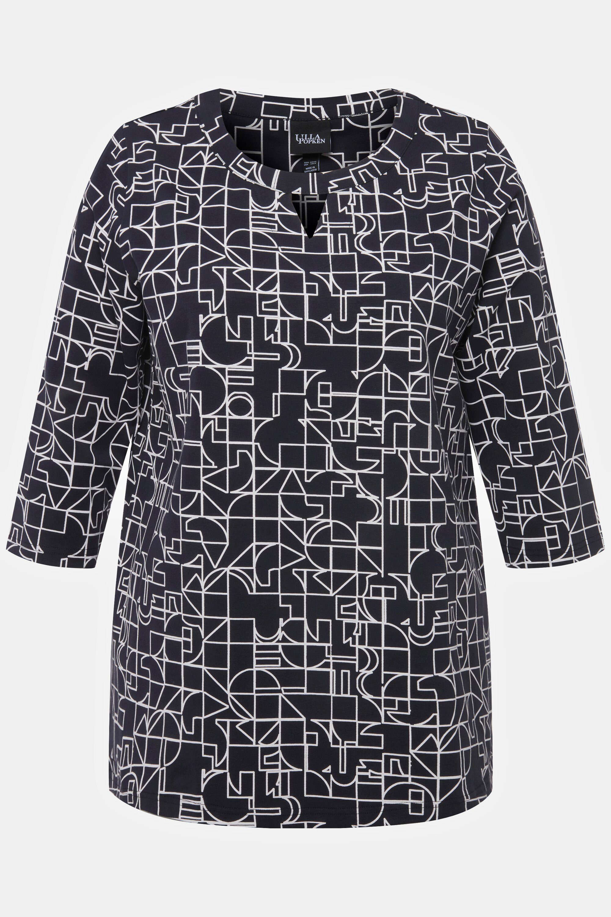 grafisches Popken Ulla dunkles Rundhals Shirt 3/4-Arm Keyhole marine Rundhalsshirt Muster