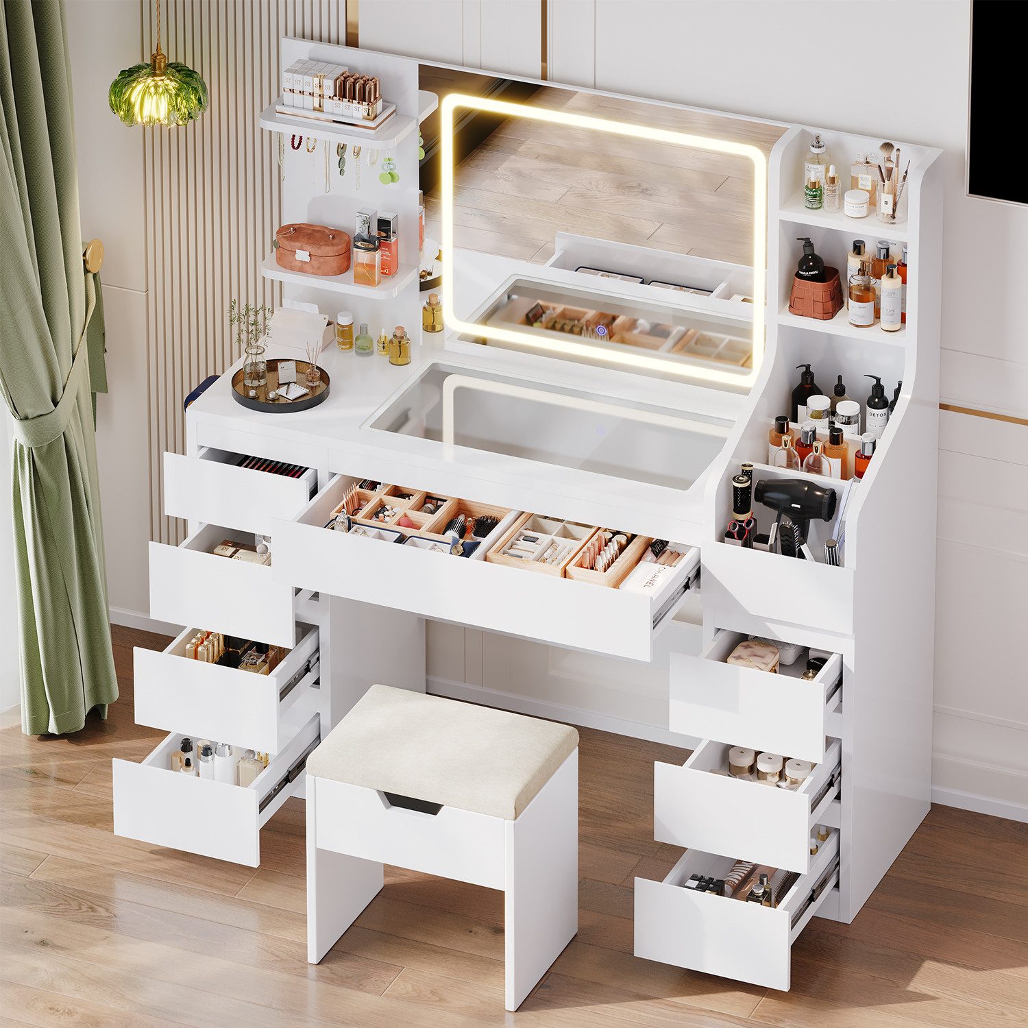 HOMALL Schminktisch Dreifarbiger, LED-beleuchteter Schminktisch Extra großer Stauraum (Maße: 135 × 40 × 137 cm, Arbeitsplatte aus gehärtetem Glas, mit 7 offenen – Bild 5 von 5