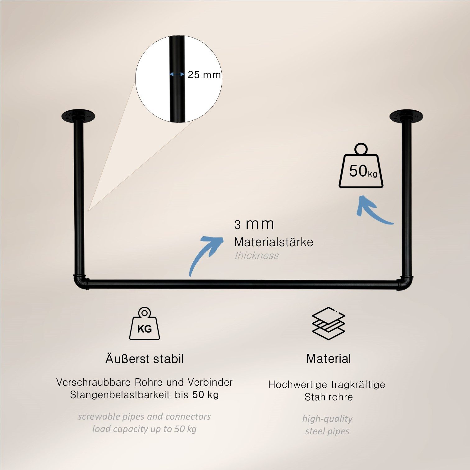 RSR Hangers Kleiderstange U-Form Garderobe Industrial Design Deckenmontage Schwarz