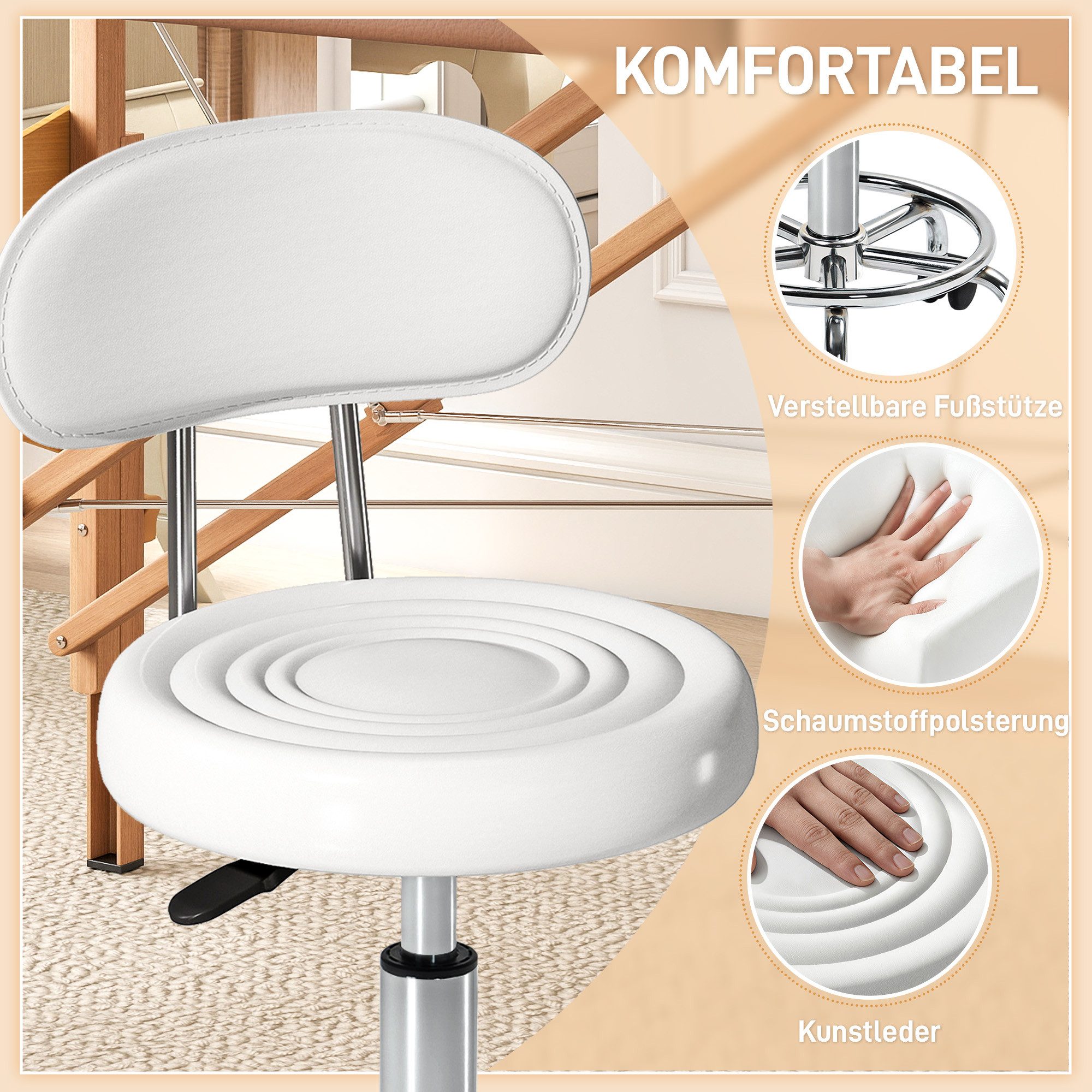 HOMCOM Drehhocker Arbeitshocker mit Fußstütze (Rollhocker, 1 St., Bürohocker), für Büro, Weiß – Bild 4 von 5