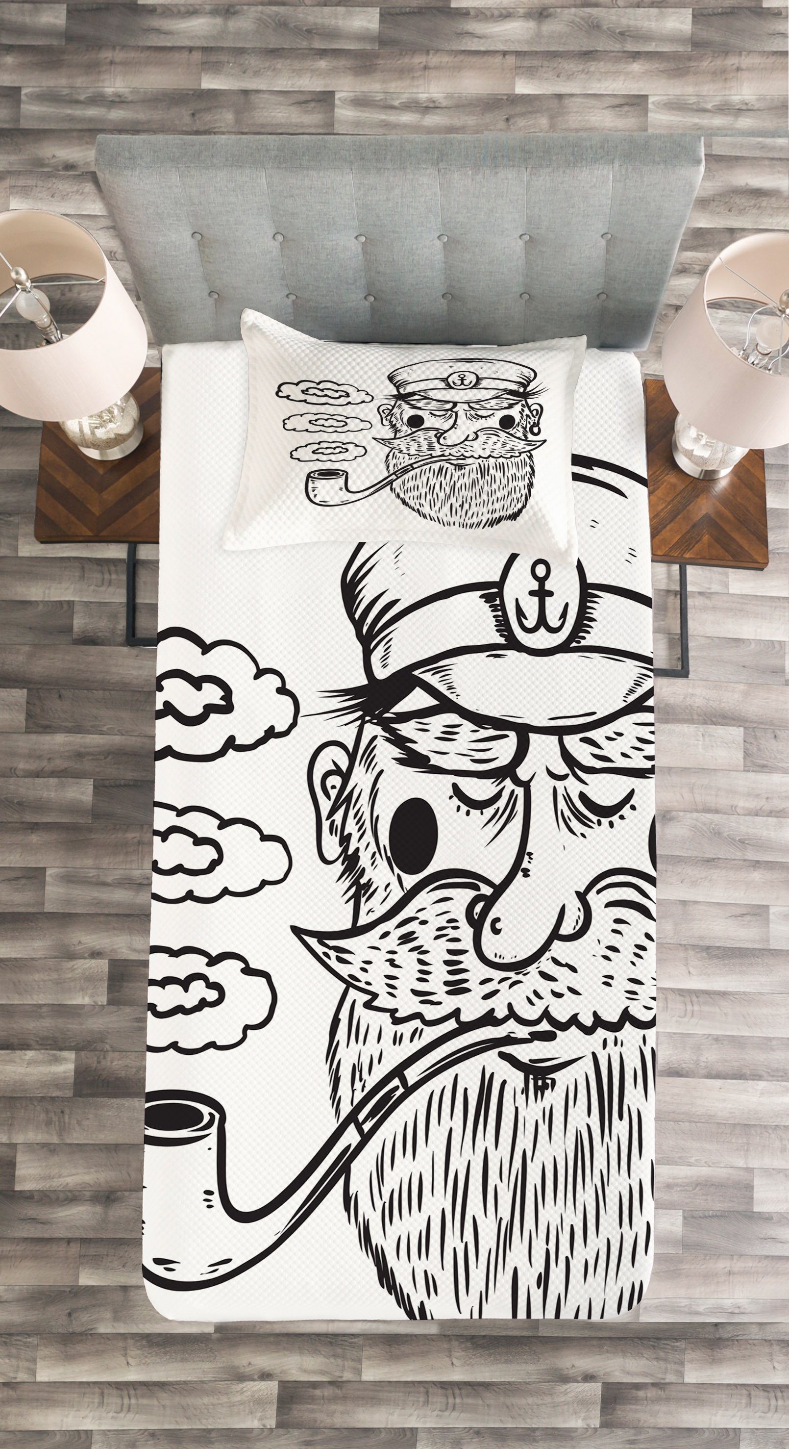 Tagesdecke Set mit Kissenbezügen Nautical Kapitän Bearded Tattoo Abakuhaus, Waschbar