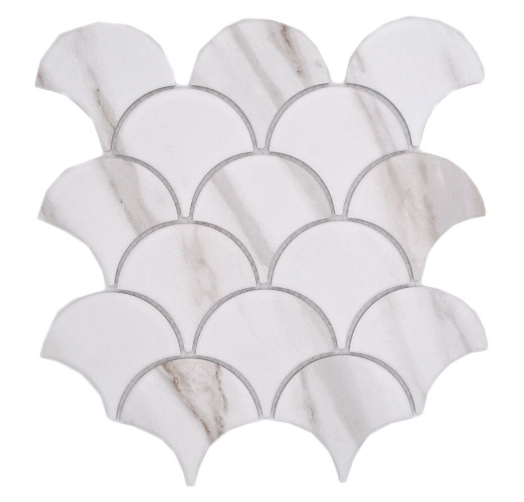 Mosani Mosaikfliesen Keramik Mosaik Fächer Calacatta Fischschuppen weiß graubraun