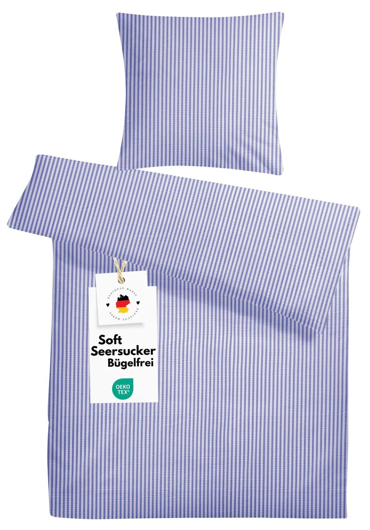 Carpe Sonno Bettwäsche Seersucker 135x200 155x220 Bügelfrei Sommer Baumwolle Streifen Muster, Seersucker, 2 teilig, Gestreifte Bettwäsche 135 x 200 Bettwaren Set Blau Weiß