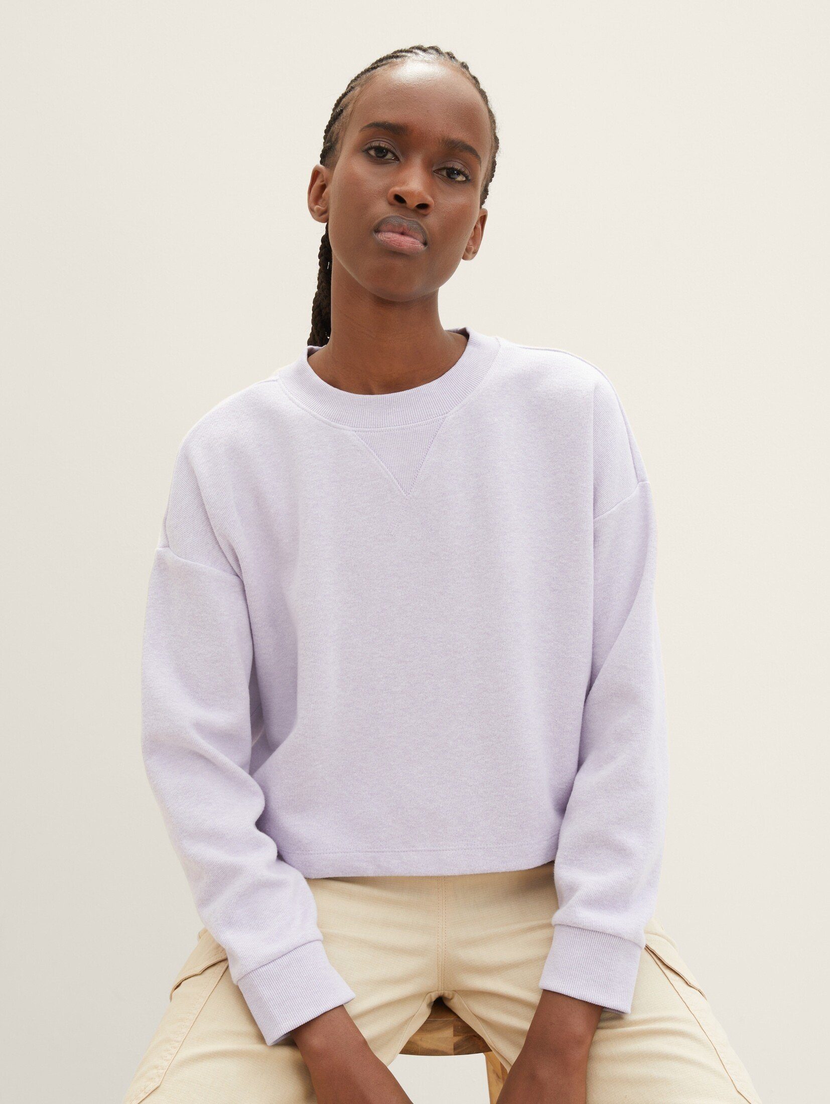 TOM soft lavender Cropped Sweatshirt Sweatshirt mit melange Denim Rundhalsausschnitt TAILOR