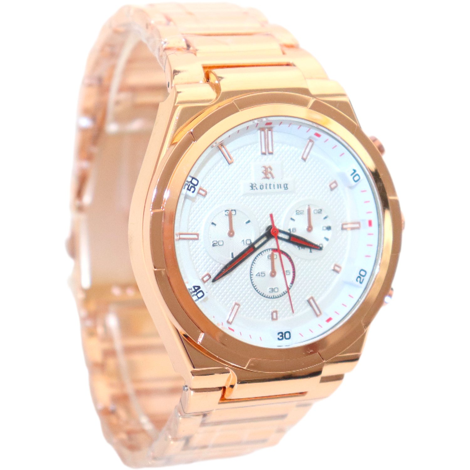 Quarzuhr Herrenuhr weißes Ziffernblatt in Chrono-Look Design goldrosefarben