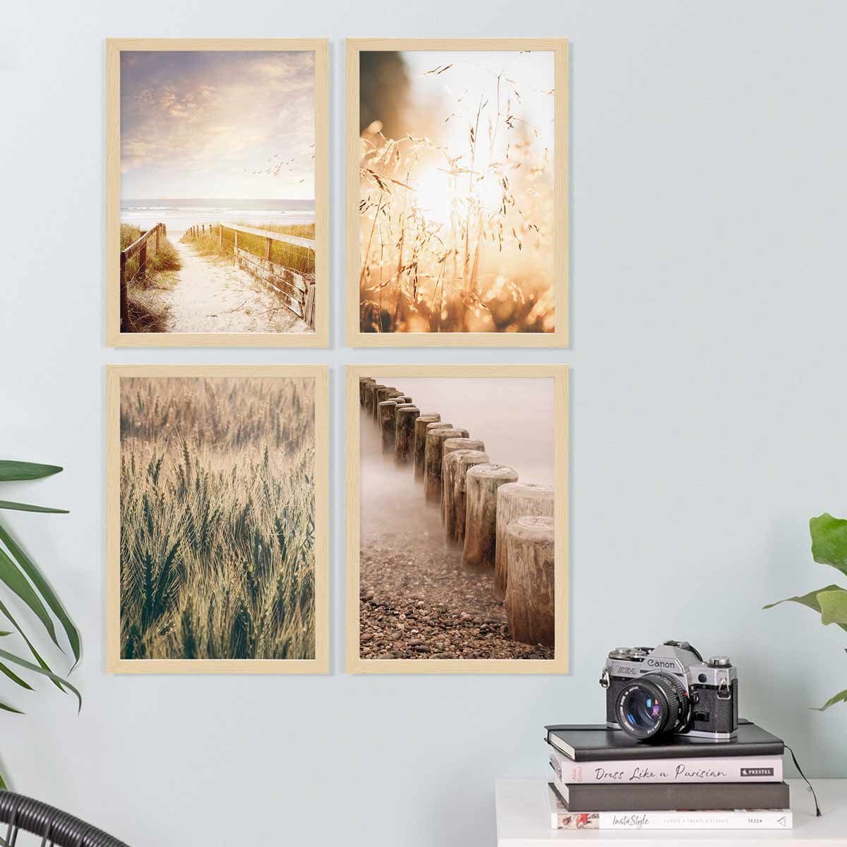 PHOTOLINI Bilderrahmen 4er Set 21x30 cm / DIN A4 Modern Schmal mit Acrylglas Natur