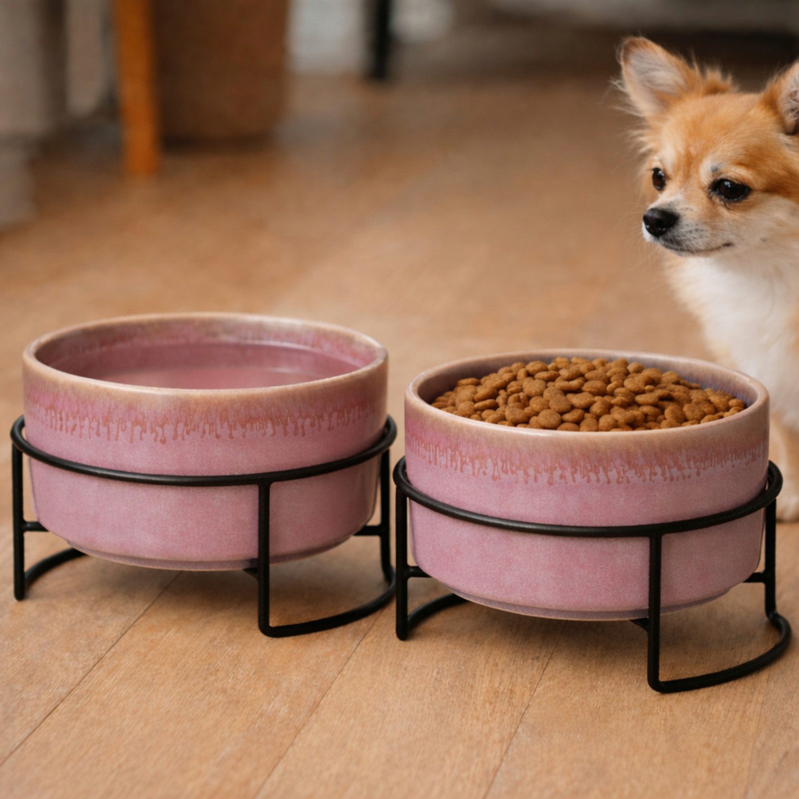 Koopman Futternapf Hundenapf Katzennapf Fressnapf 17x10cm Keramik 2er Set, Rosa, Keramik, 1 Liter je Napf, Metall, Standsicher