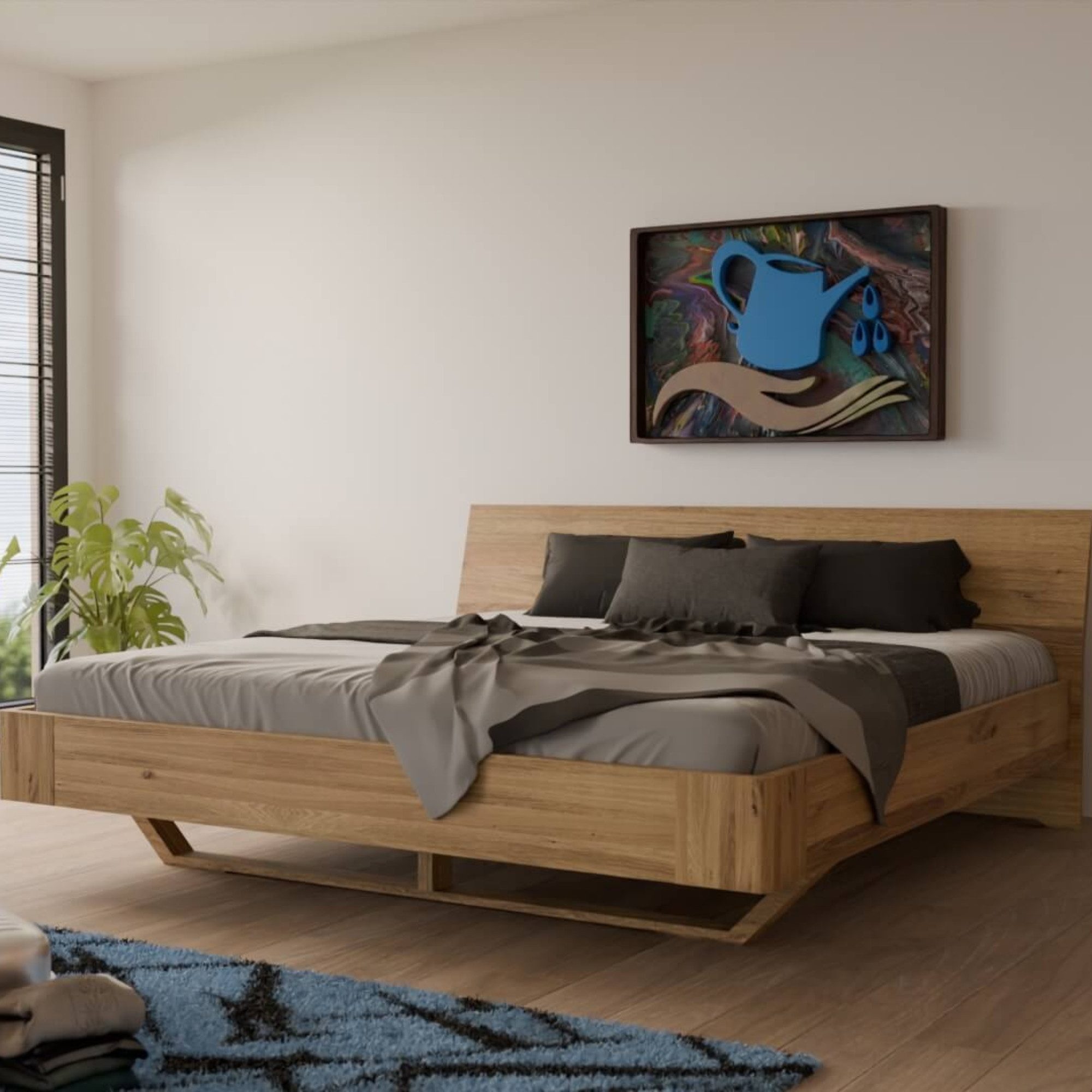 MeinMassivholz Massivholzbett HOVERO (Schwebebett, Einzel- & Doppelbett), Massivholz, Wildeiche & Kernbuche, Sonderlänge, Geölt, Made in Germany