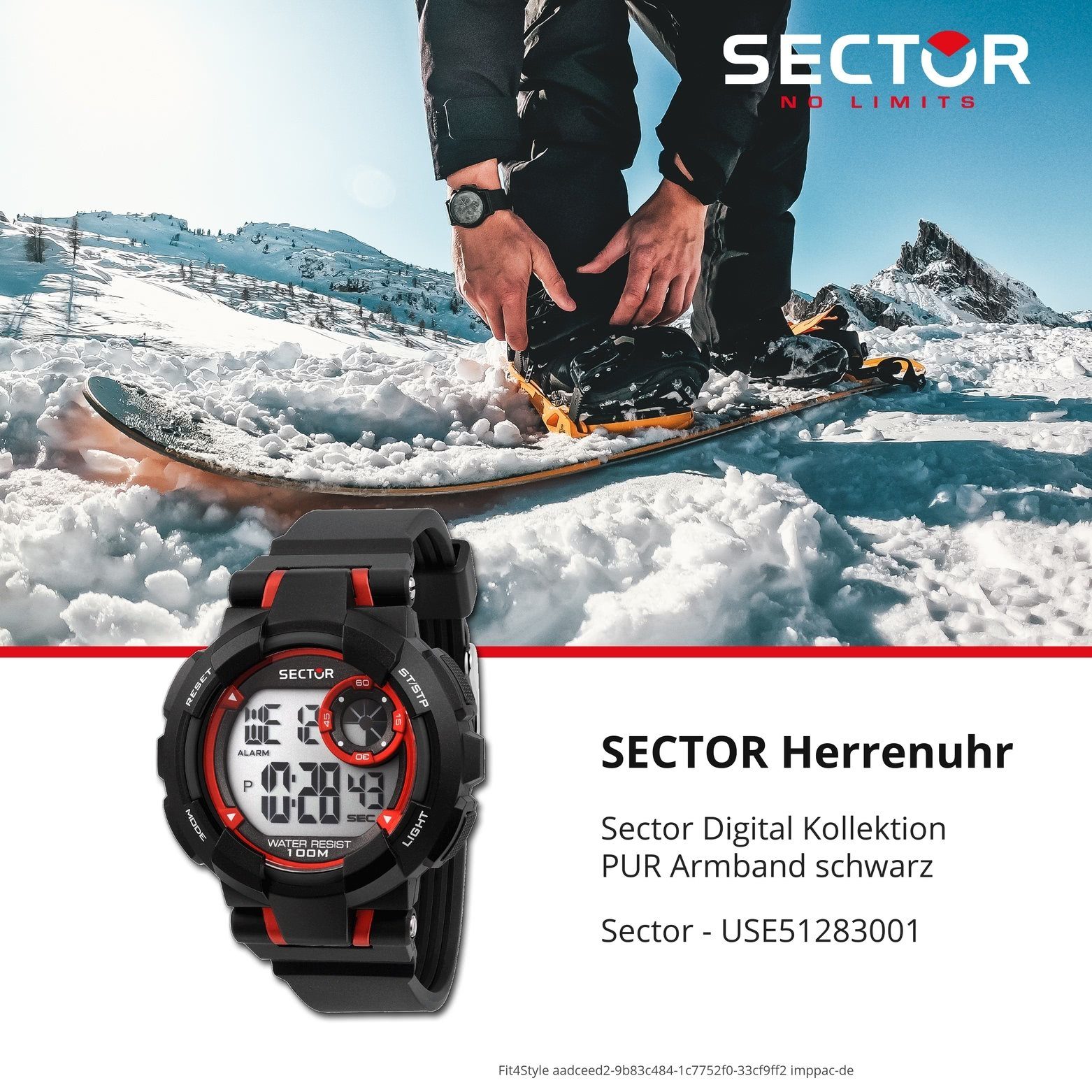 groß Digital, Herren eckig, Sector Sector (ca. schwarz Armbanduhr Digitaluhr Herren PURarmband Armbanduhr 43,5x36,5mm),