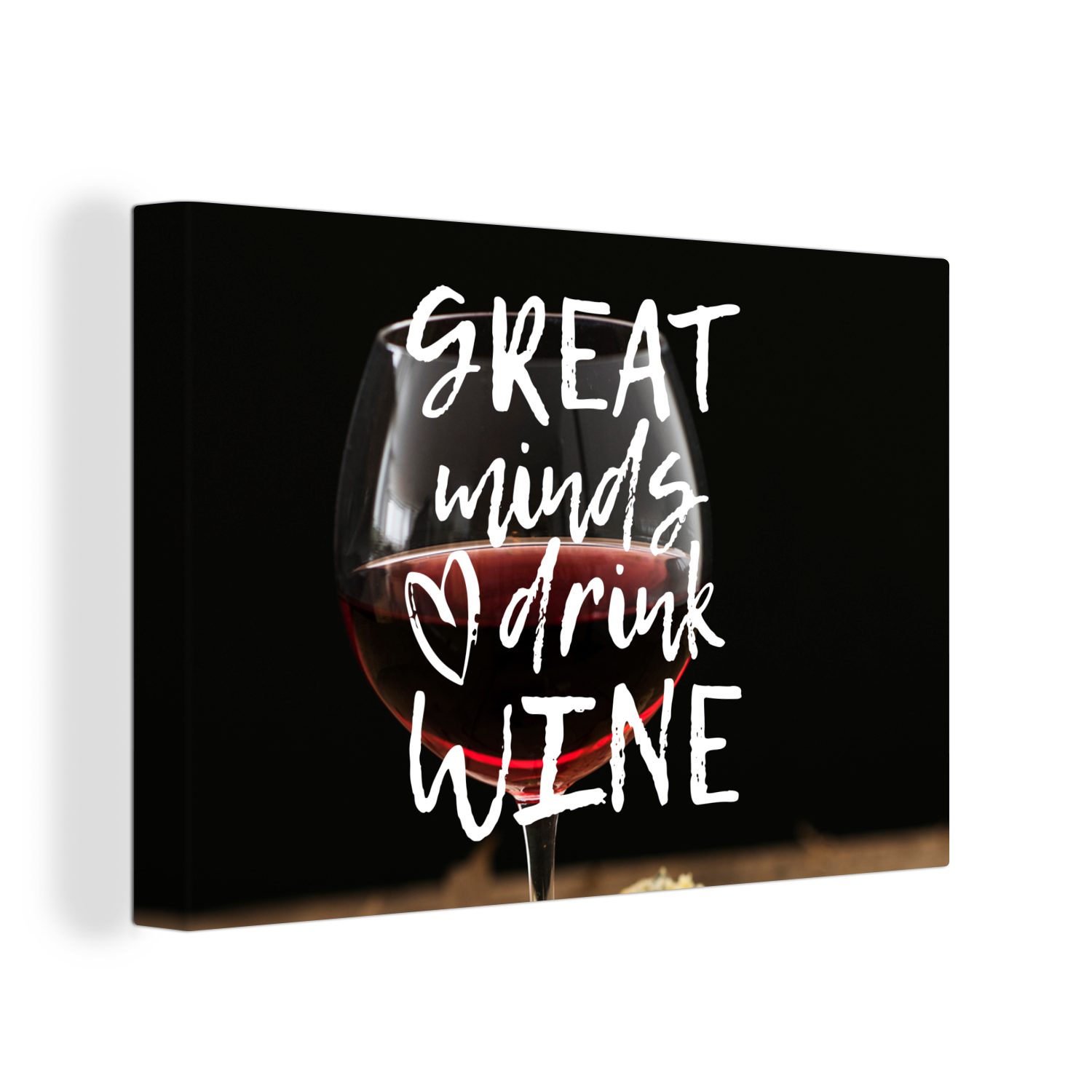 OneMillionCanvasses® Leinwandbild Weinzitat "Große Geister trinken Wein" mit einem Weinglas, (1 St), Wandbild Leinwandbilder, Aufhängefertig, Wanddeko, 30x20 cm