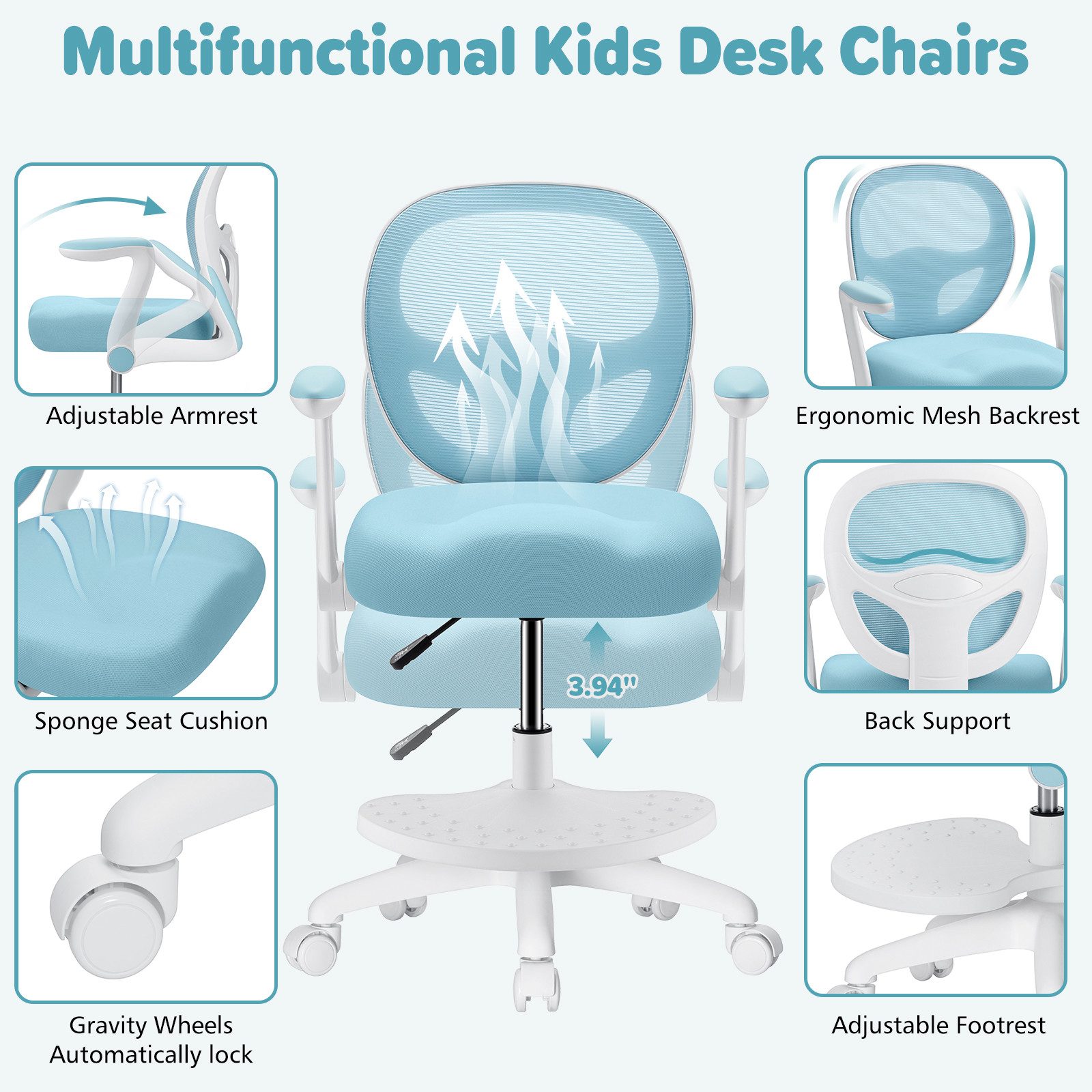 Insma Drehstuhl Kinder Schreibtischstuhl ergonomisch höhenverstellbar (mit klappbaren Armlehnen, Fußstütze und 5 feststellbarer Rollen), von 3-12 Jahre, Maximale Tragfähigkeit 158kg