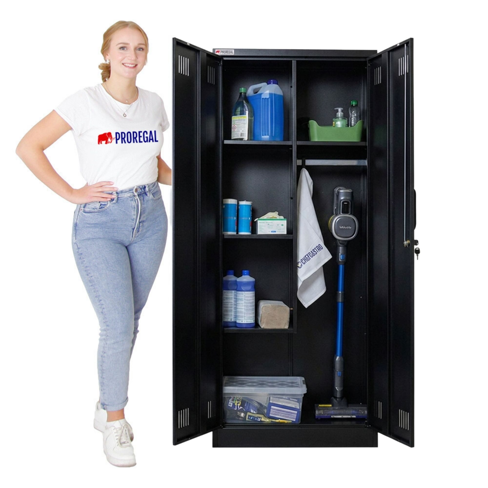 PROREGAL® Mehrzweckschrank Abschließbarer Flügeltürenschrank Stahlschrank RHINO Putzmittel- & Besenschrank Haushaltsschrank 5 Fächer & Kleiderstange – Bild 4 von 5
