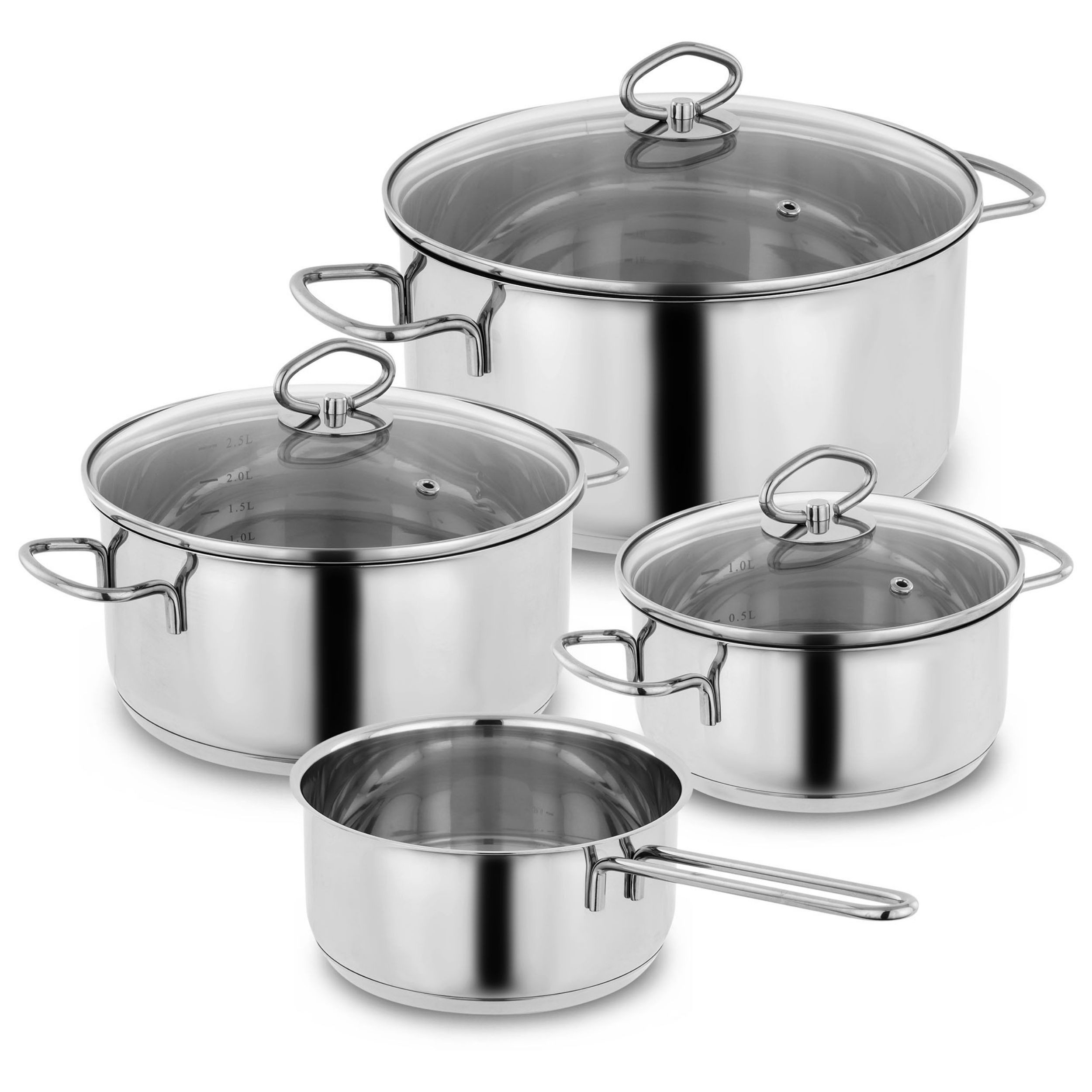 Kopf Topf-Set Merkur 4-teilig, Edelstahl (4-tlg), Induktionstöpfe mit Schüttrand, Literskala und Glasdeckel