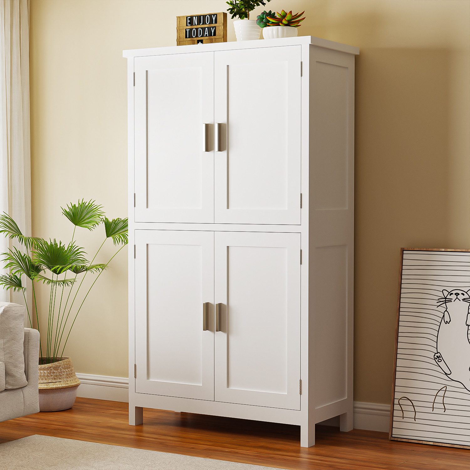 oyajia Mehrzweckschrank Küchenschrank Badezimmerschrank (mit Türen & verstellbarem Regal,Vorratsschrank Holz) Bücherschrank, Wohnzimmerschrank, mit 4 Türen, 60x30x110cm, weiß