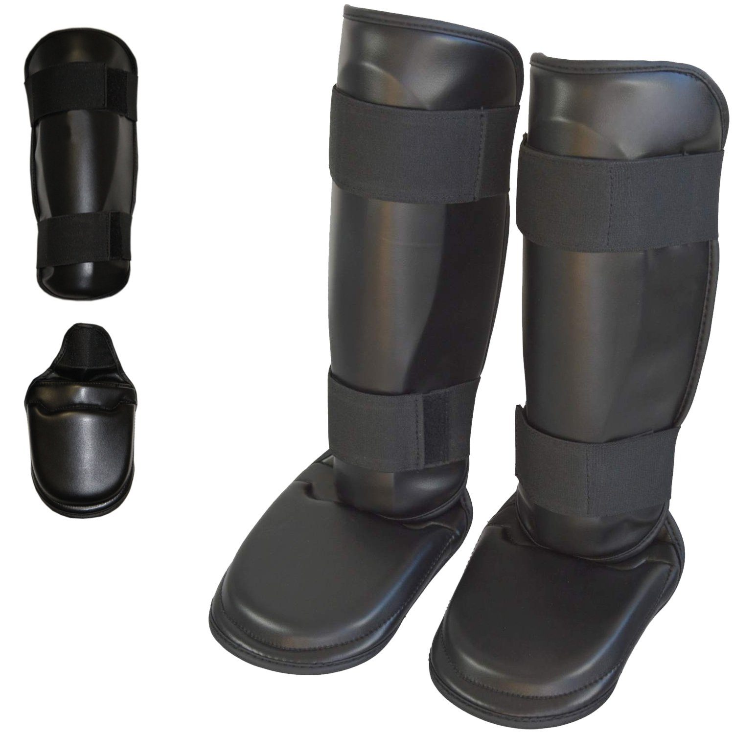 BAY-Sports Schienbeinschutz Kampfsport Kickboxen Karate MMA Thaiboxen Muay Thai Two Part, Kunstleder, feucht abwischbar, Spann abtrennbar, XS - XL