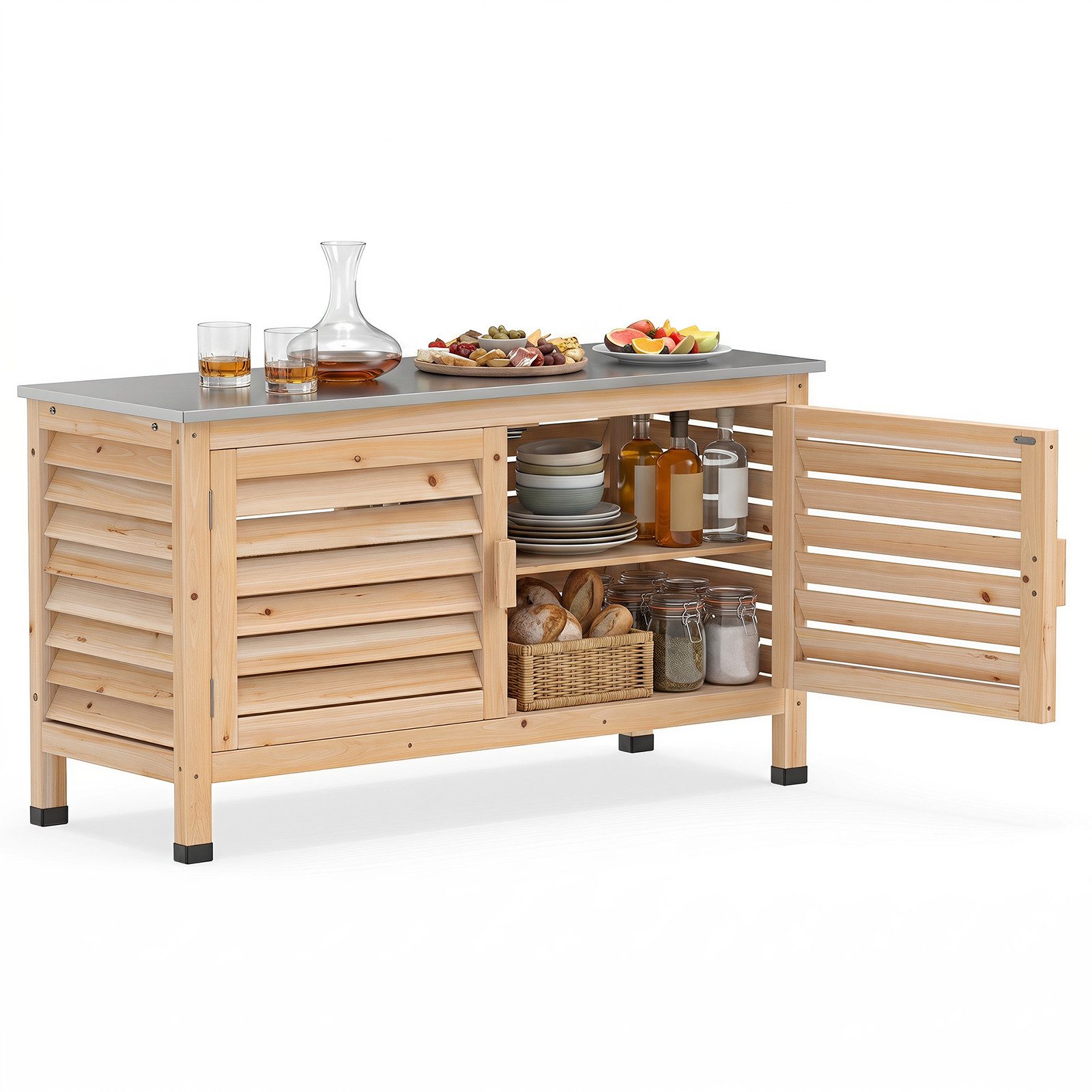 COSTWAY Garten-Geräteschrank, BxT: 109x40.5 cm, (1 St), Gartenschrank, mit Arbeitsplatte aus Edelstahl, Tannenholz