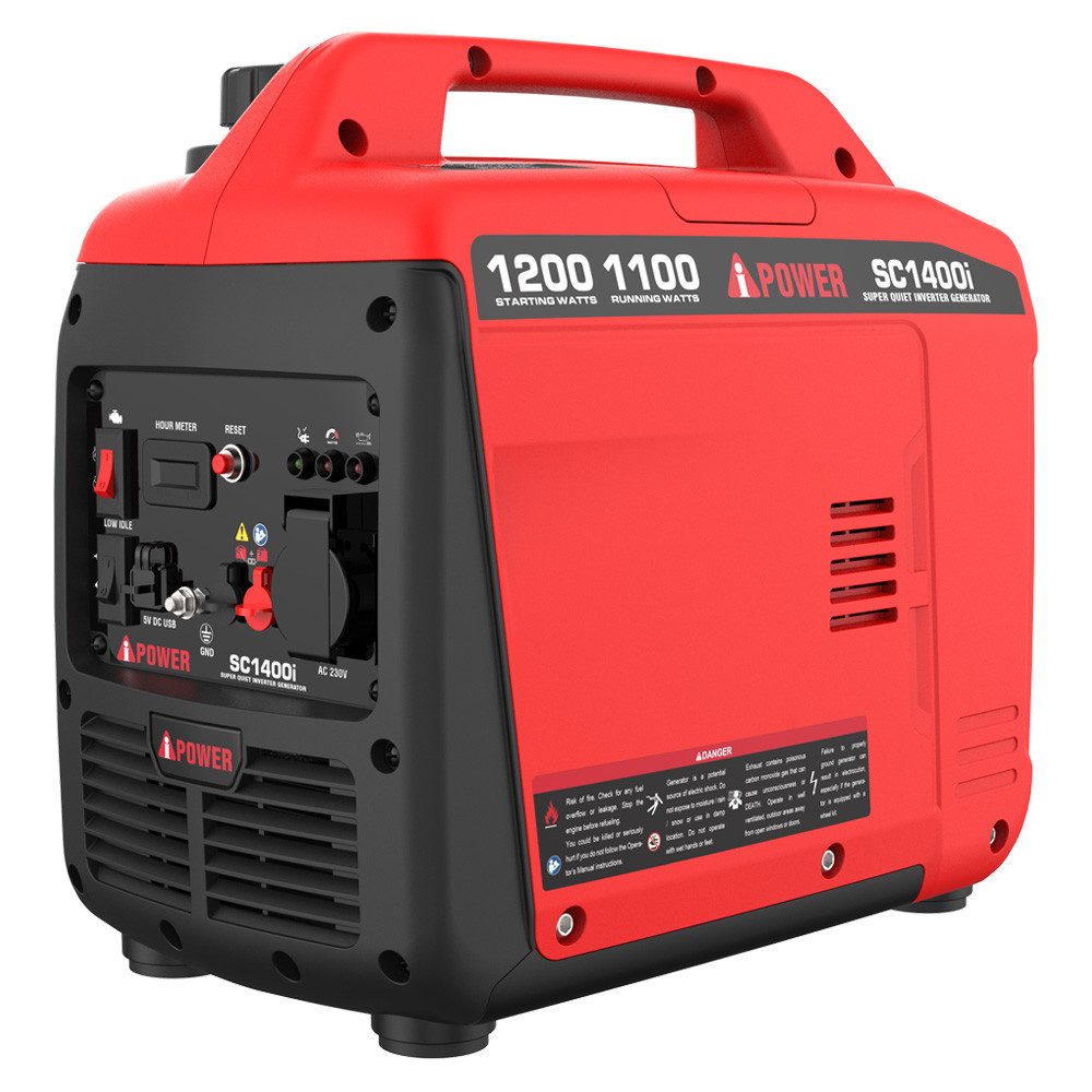 A-iPower Stromerzeuger SC1400i, 1,20 in kW, (Benzin Stromgenerator Generator Notstromaggregat 4-Takt Motor Stromerzeuger Leise 52 dB Generator, 1-tlg), mit 230V Steckdosen und USB