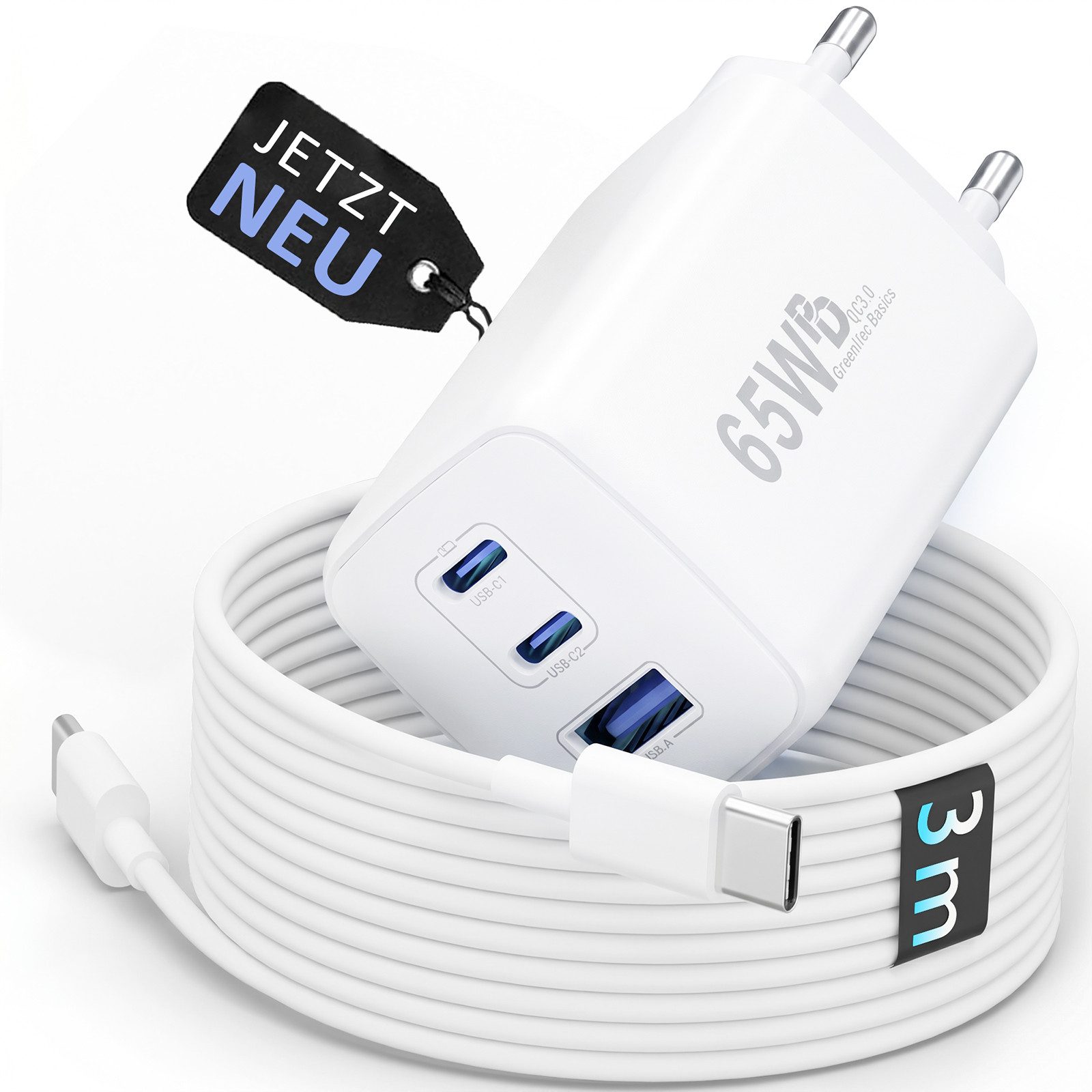 GreenHec 65w USB-C Ladegerät 3-Port Mehrfach Schnellladegerät GAN Netzteil Schnelllade-Gerät (50 mA, Spar-Set, Universelle Kompatibilität, + Ladekabel Fast Charger Adapter Macbook Ladestation Type C + USB-AA)