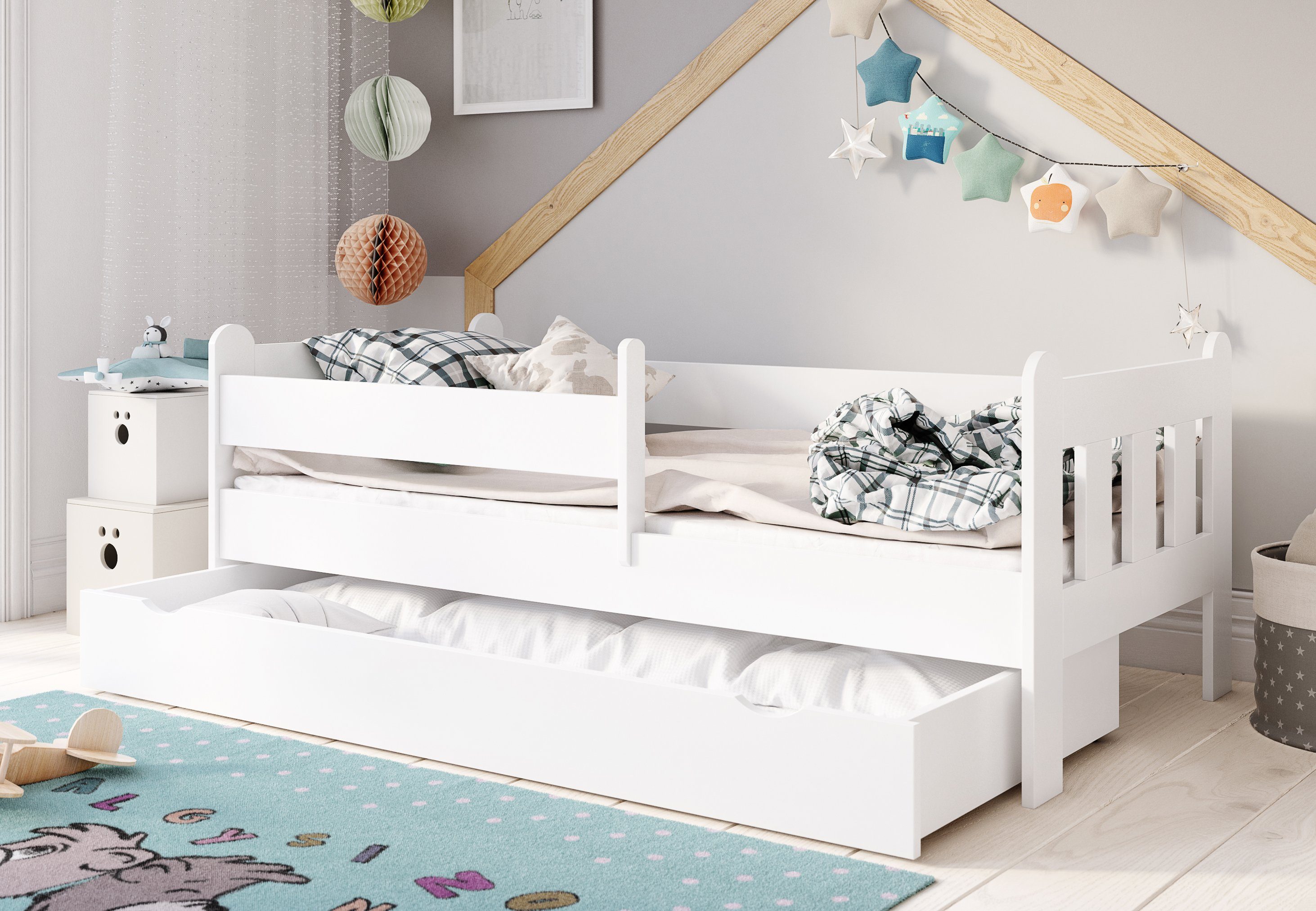 Kids Collective Kinderbett 80x160, 80x180, 90x200 cm mit Schublade, Rausfallschutz & Lattenrost, in weiß 200 x 90 Mädchen Jungen Bett, optional mit Matratze | Jugendbetten