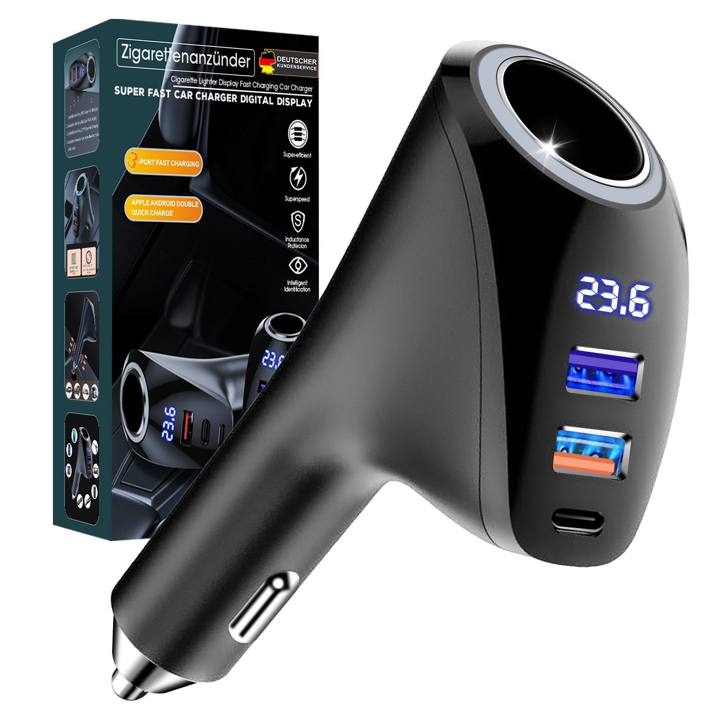 FOSMET Zigarettenanzünder-Verteiler 70W Zigarettenanzünder,4 in 1 Einziehbares Auto Ladegerät Adapter (USB C Schnellladegerät,Spannungsanzeige,Auto Feuerzeug Ladegerät, 80W Zigarettenanzünder – Für Dashcams, Kühlbox & GPS-Geräte), Echtzeit-Voltmeter – Digitale Anzeige zur Stromüberwachung