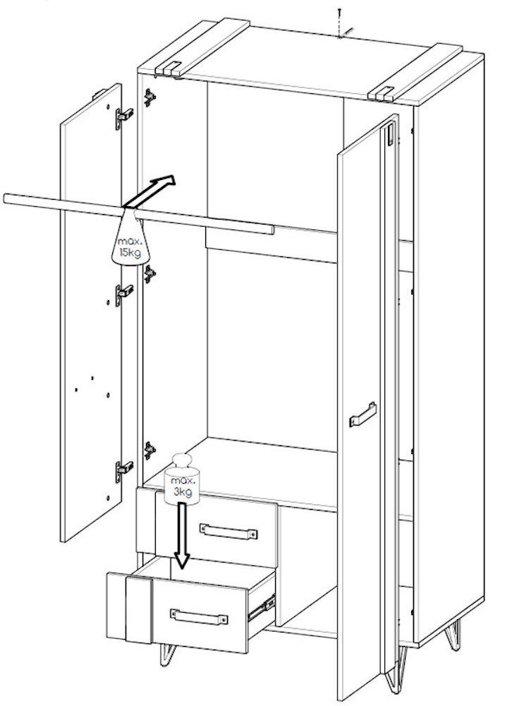 2-türig Eiche Feldmann-Wohnen Beton Wotan 90cm Kleiderschrank Milenium Millenium