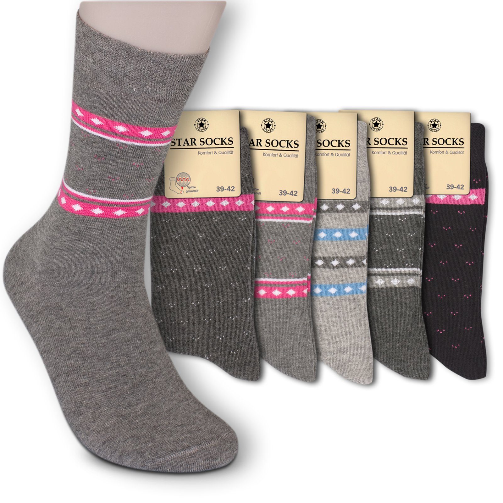 Die Sockenbude Basicsocken WELLNESS (Bund, 5-Paar, grau schwarz) mit Komfortbund ohne Gummi